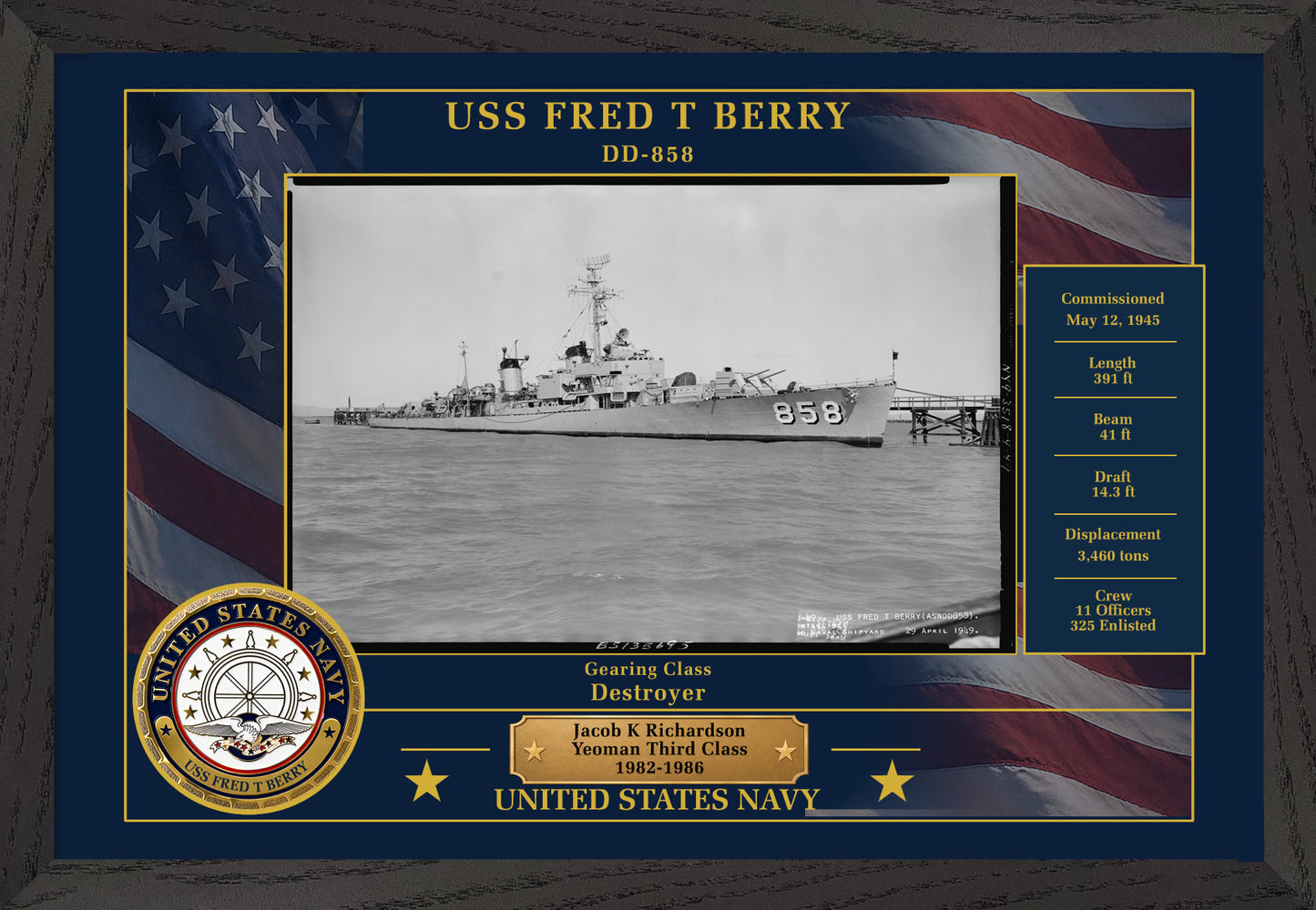 USS Fred T Berry DD-858 Framed Patriotic Photo