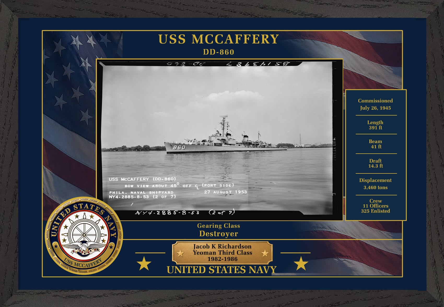 USS Mccaffery DD-860 Framed Patriotic Photo