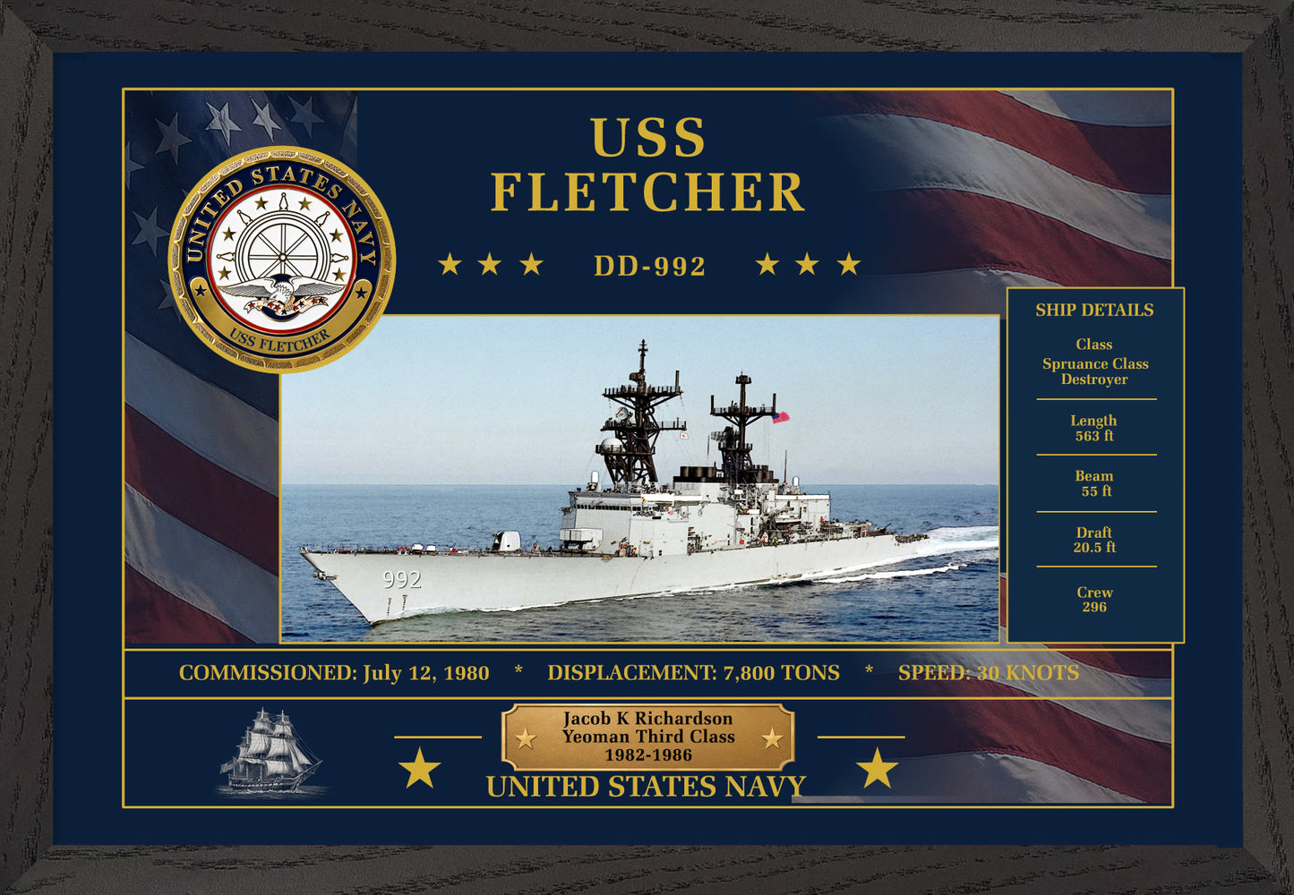 USS Fletcher DD-992 Framed Patriotic Art