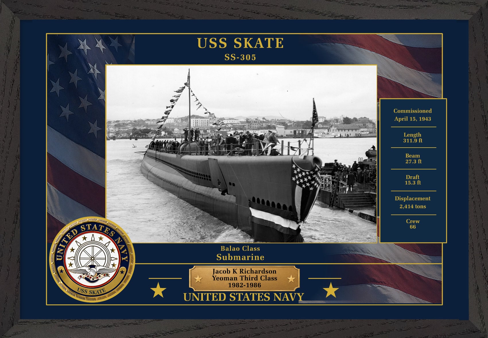 USS Skate SS-305 Framed Patriotic Photo