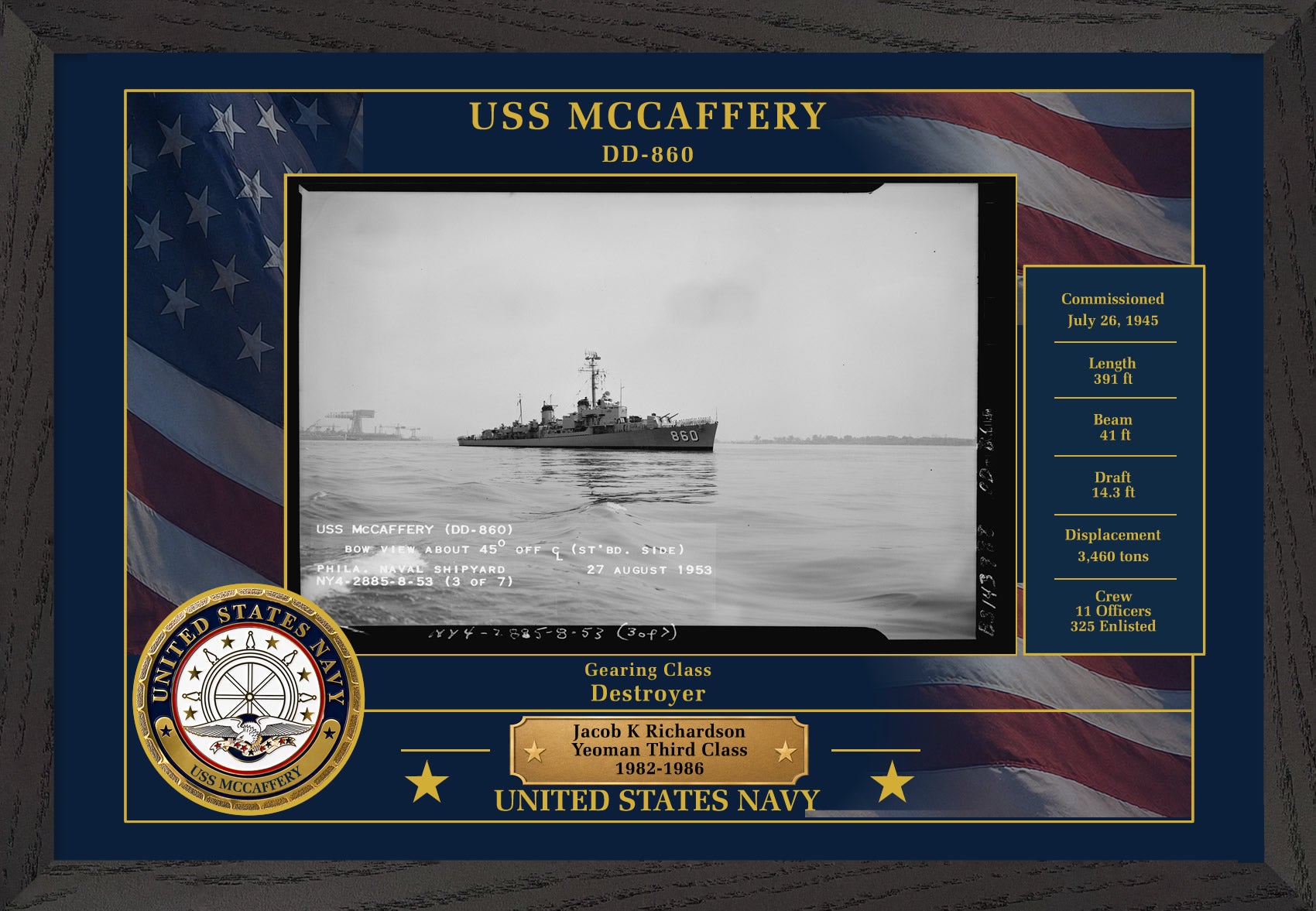 USS Mccaffery DD-860 Framed Patriotic Photo