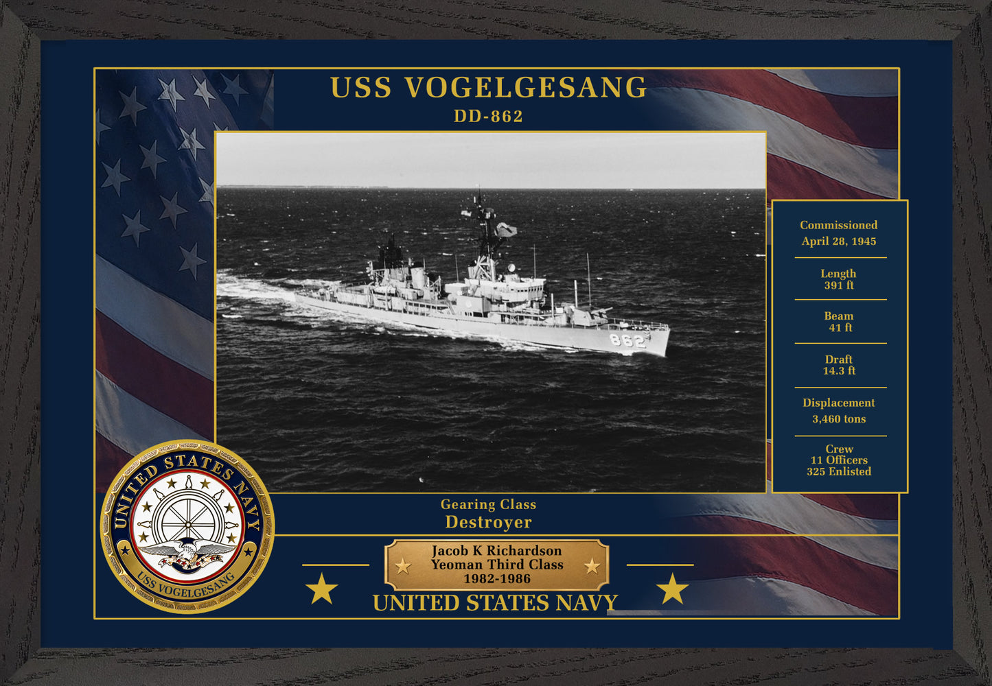USS Vogelgesang DD-862 Framed Patriotic Photo