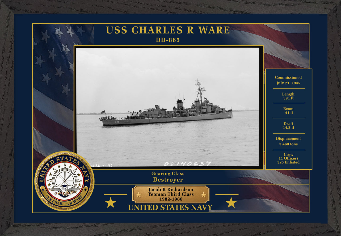 USS Charles R Ware DD-865 Framed Patriotic Photo