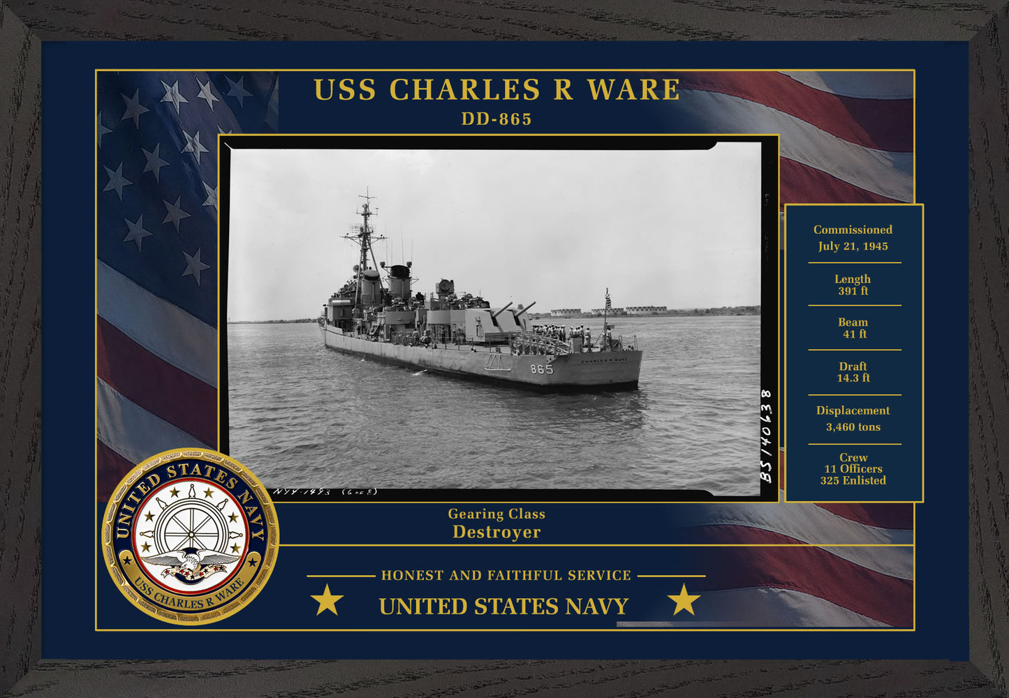 USS Charles R Ware DD-865 Framed Patriotic Photo