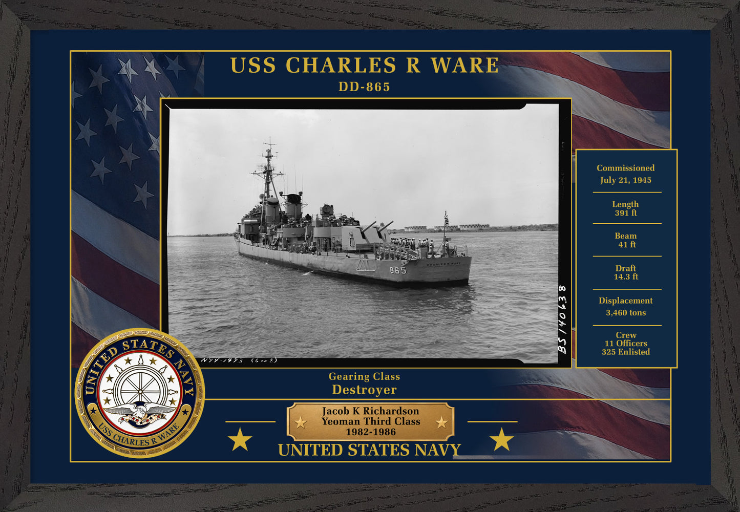 USS Charles R Ware DD-865 Framed Patriotic Photo