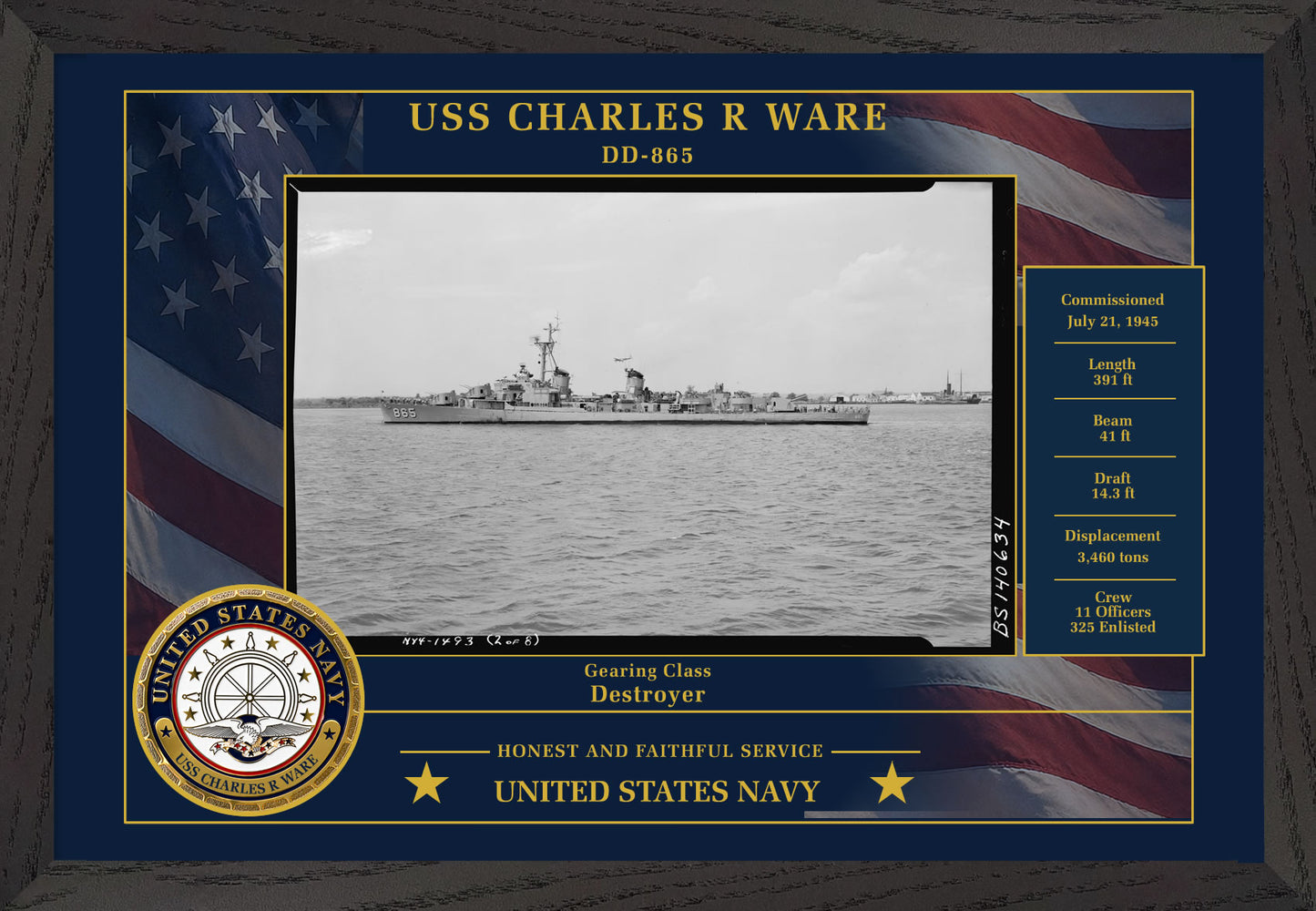 USS Charles R Ware DD-865 Framed Patriotic Photo