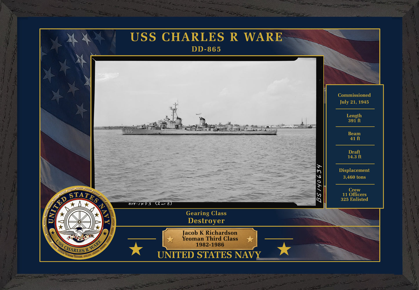 USS Charles R Ware DD-865 Framed Patriotic Photo