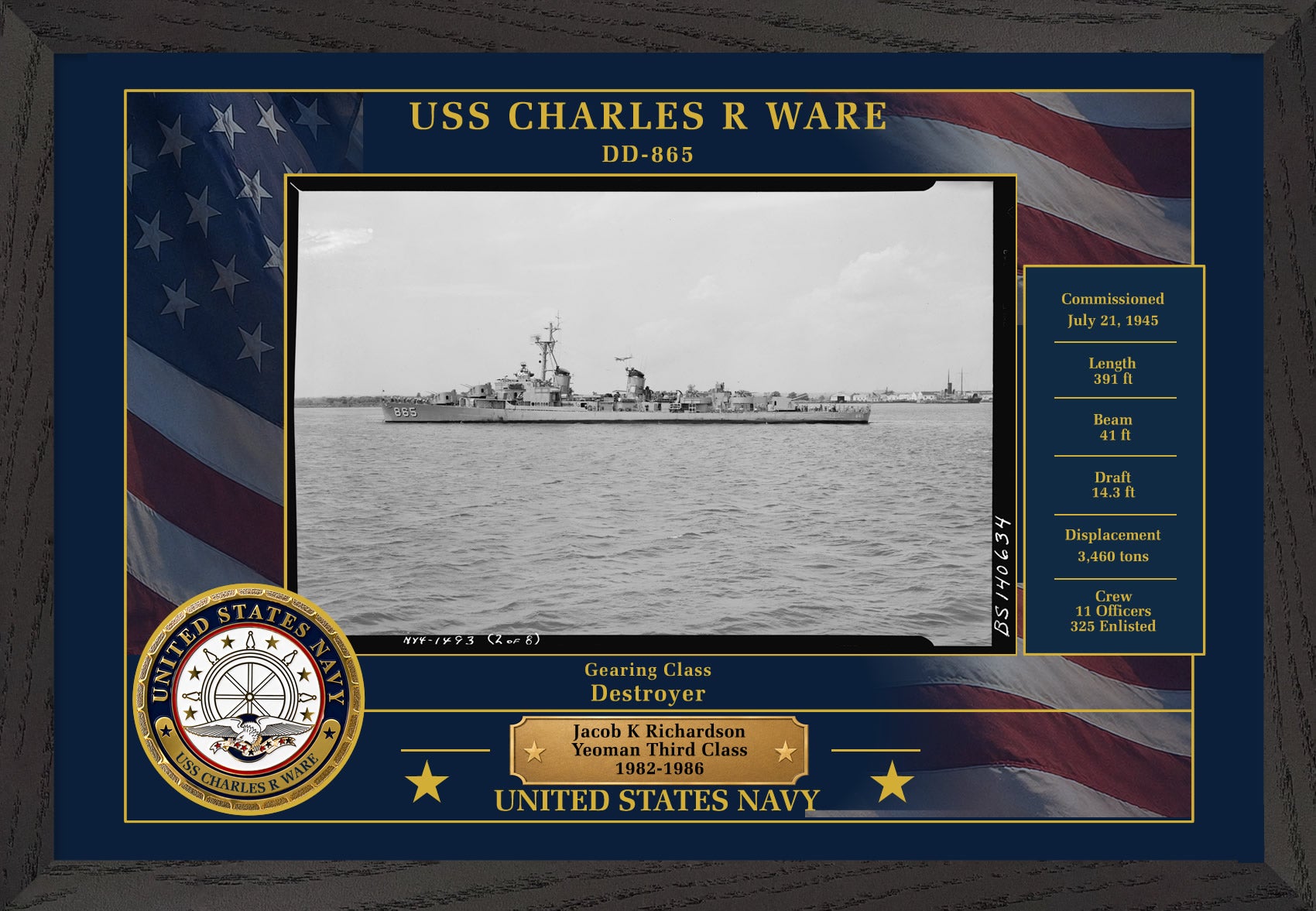 USS Charles R Ware DD-865 Framed Patriotic Photo