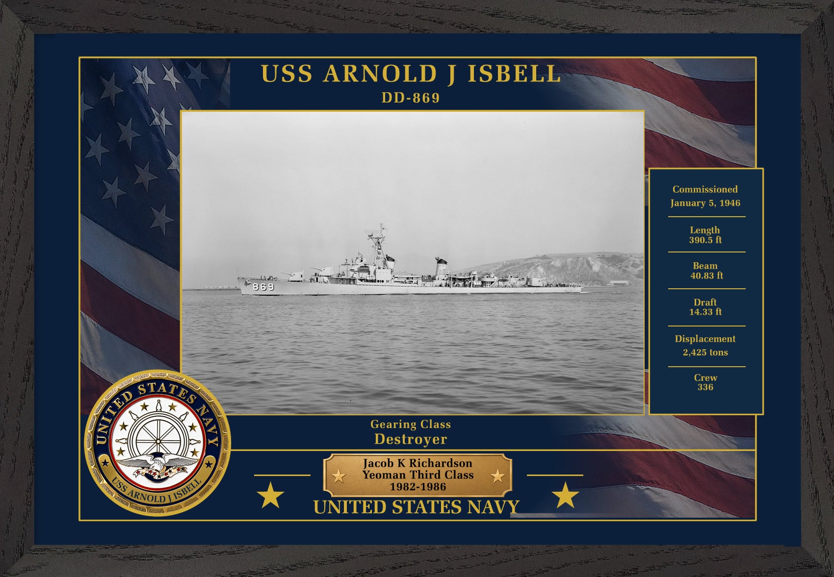 USS Arnold J Isbell DD-869 Framed Patriotic Photo