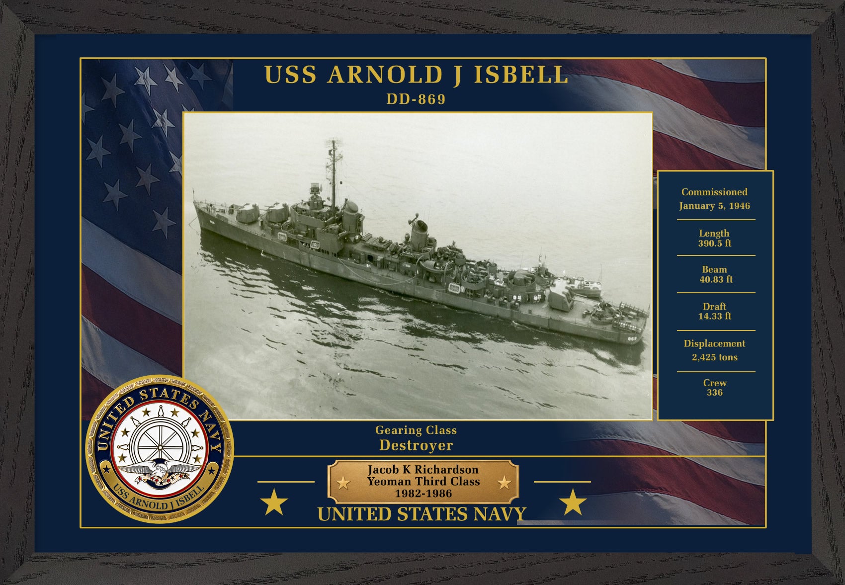 USS Arnold J Isbell DD-869 Framed Patriotic Photo