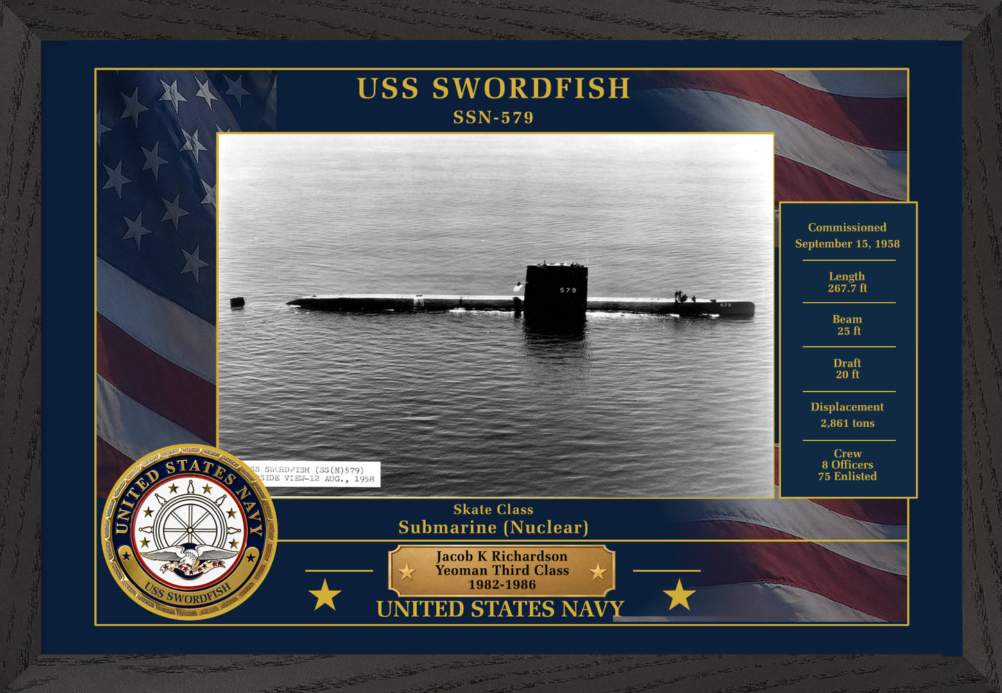 USS Swordfish SSN-579 Framed Patriotic Photo