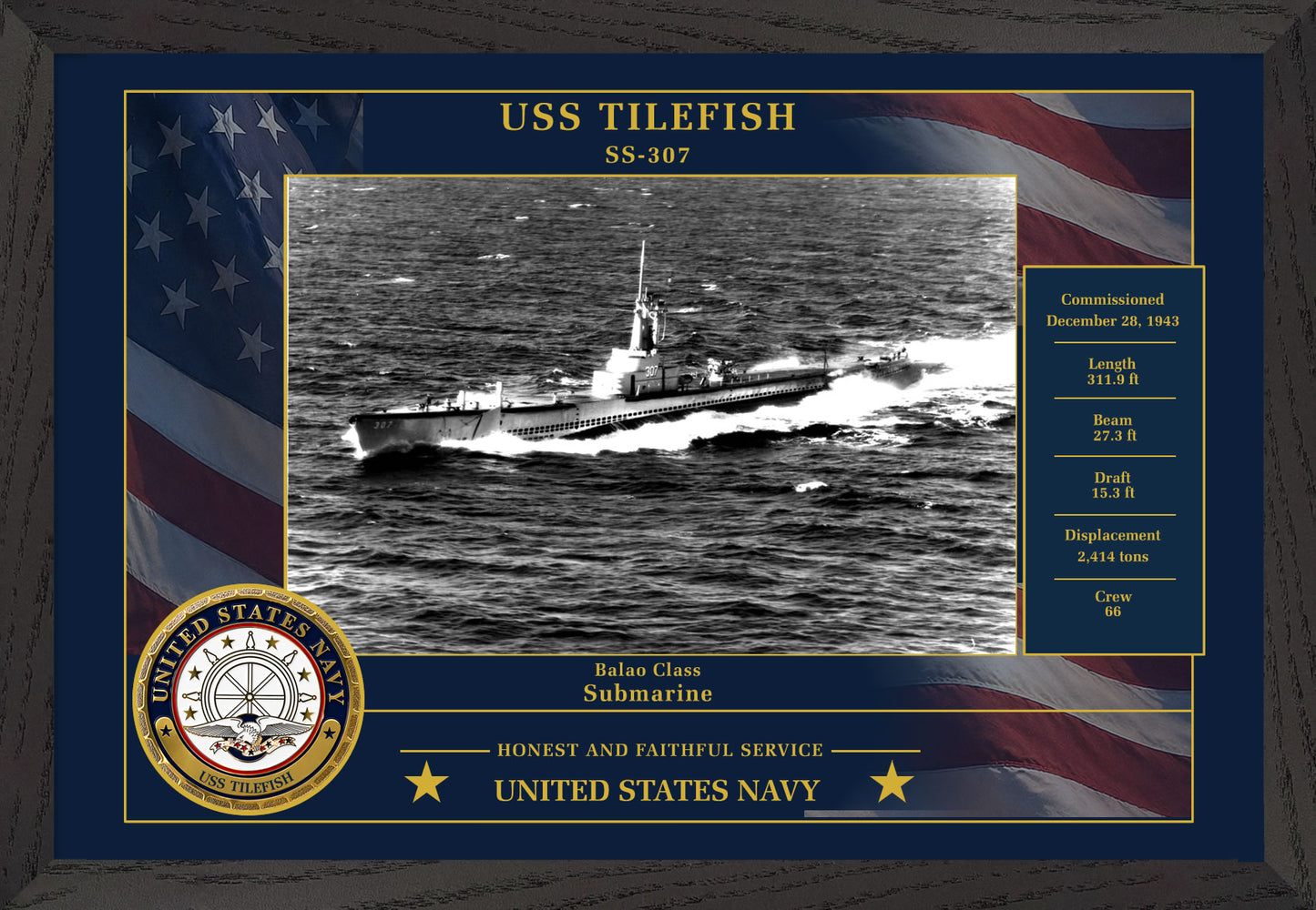 USS Tilefish SS-307 Framed Patriotic Photo