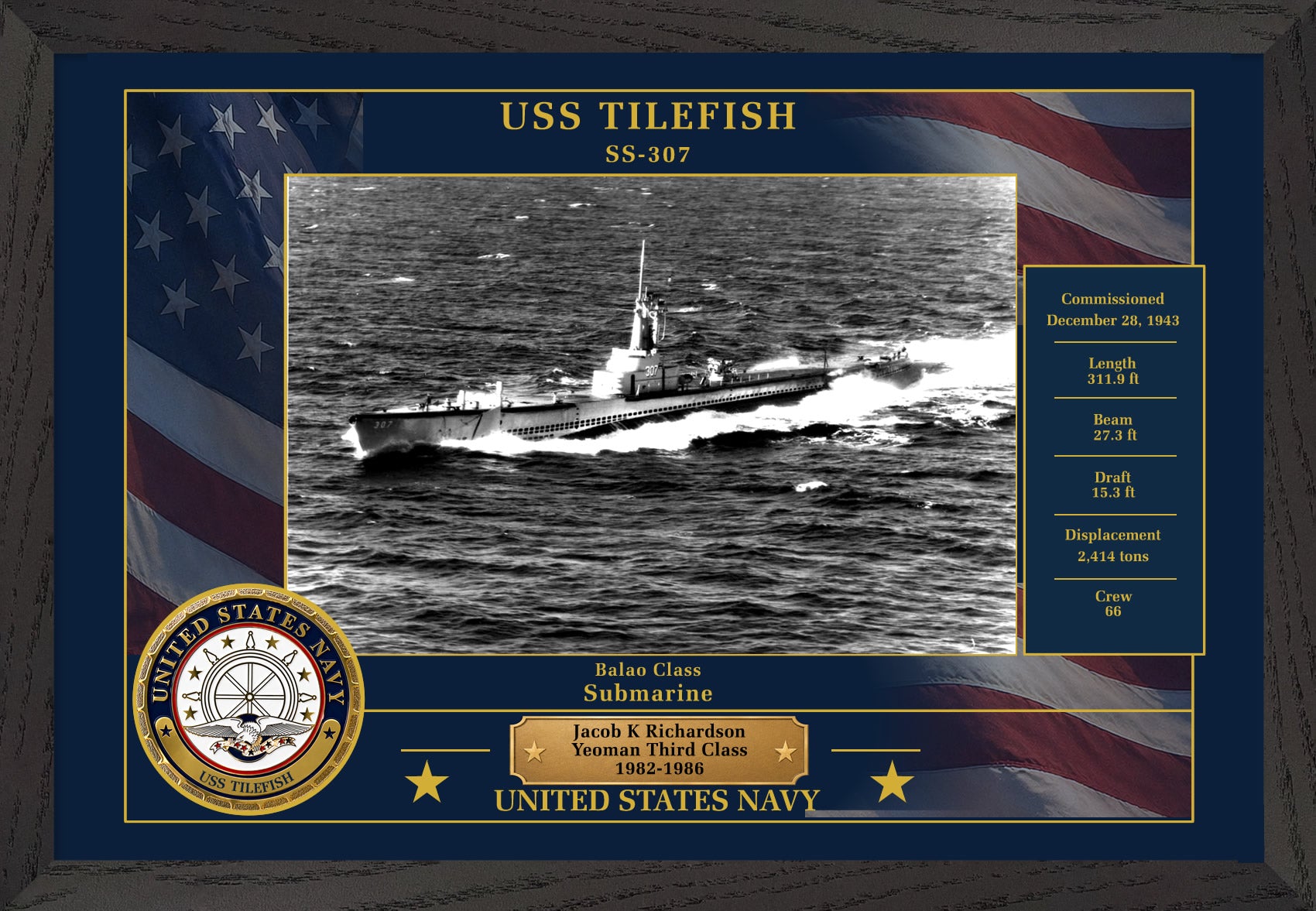 USS Tilefish SS-307 Framed Patriotic Photo