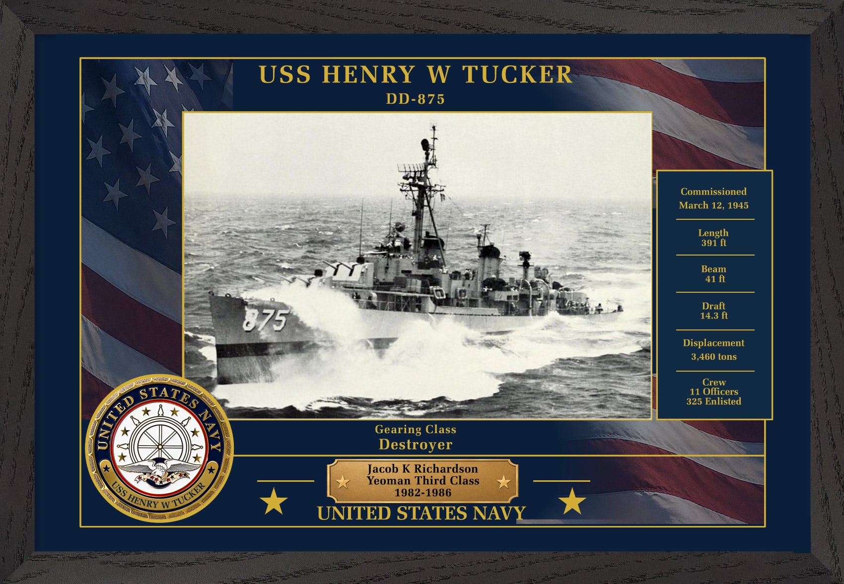 USS Henry W Tucker DD-875 Framed Patriotic Photo