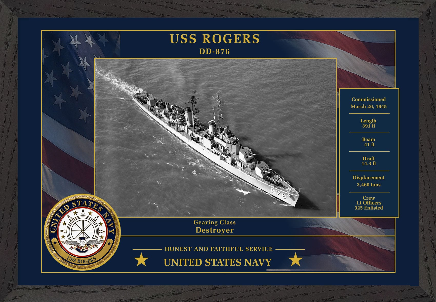 USS Rogers DD-876 Framed Patriotic Photo