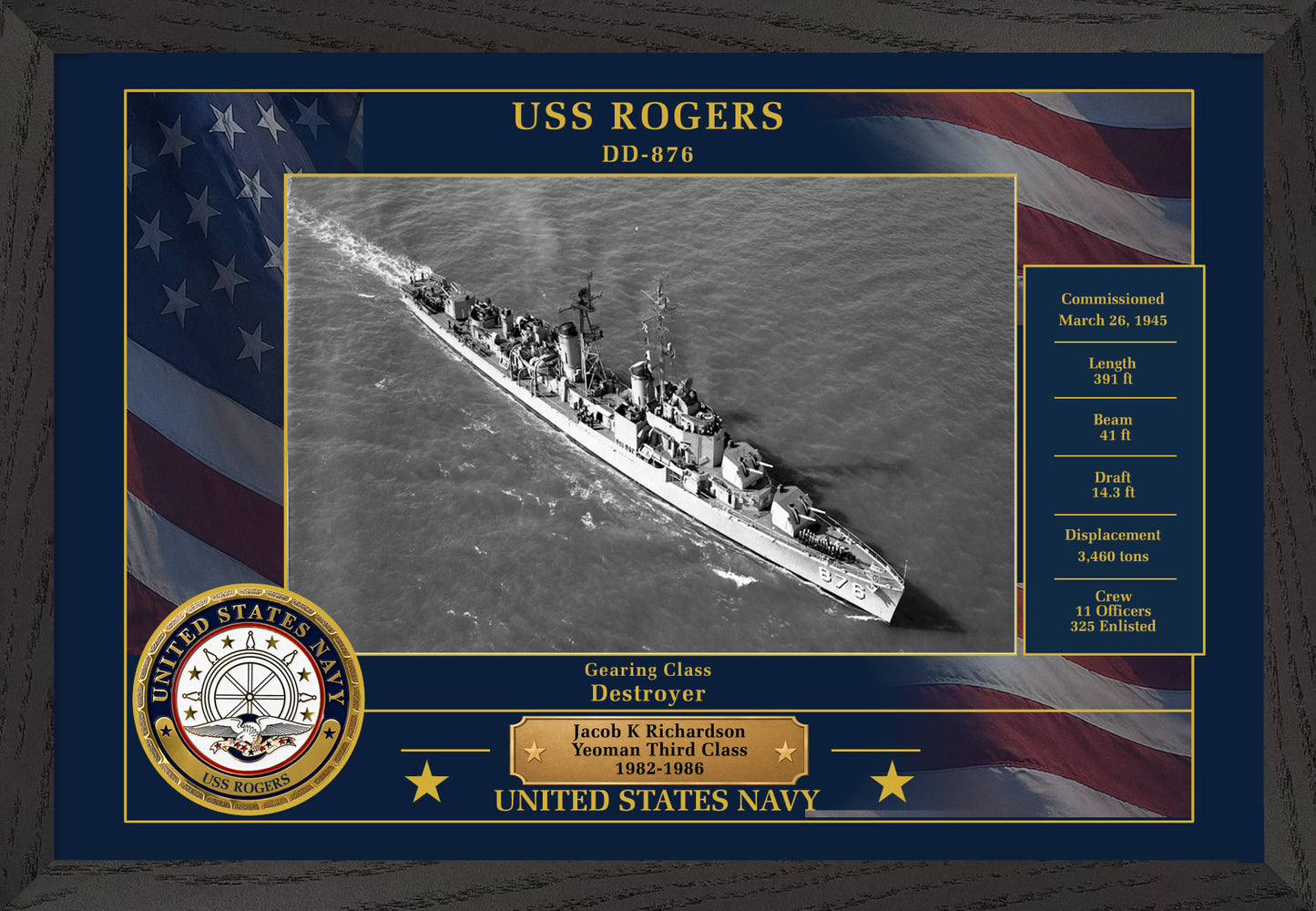 USS Rogers DD-876 Framed Patriotic Photo