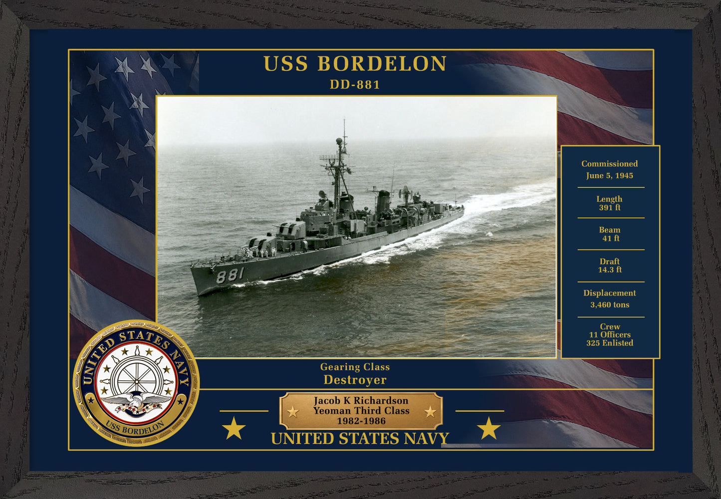 USS Bordelon DD-881 Framed Patriotic Photo