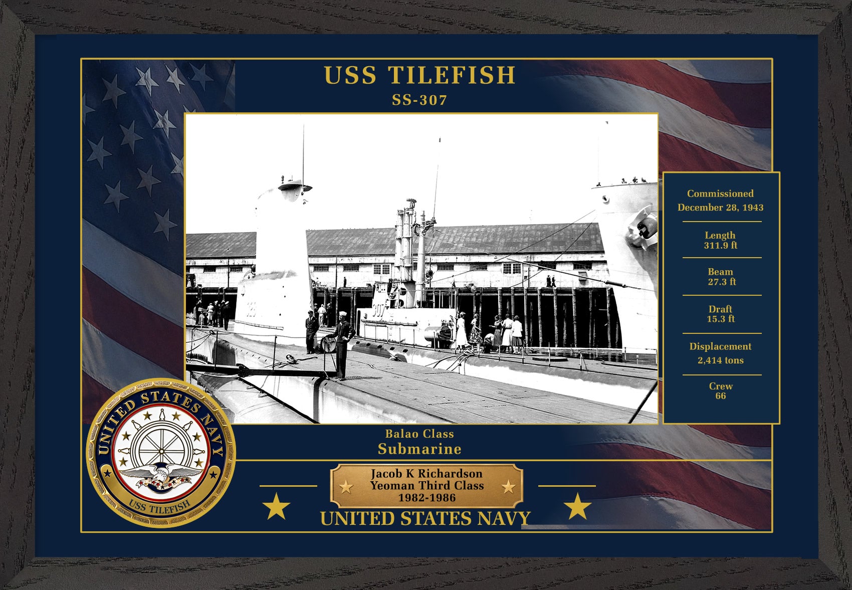 USS Tilefish SS-307 Framed Patriotic Photo