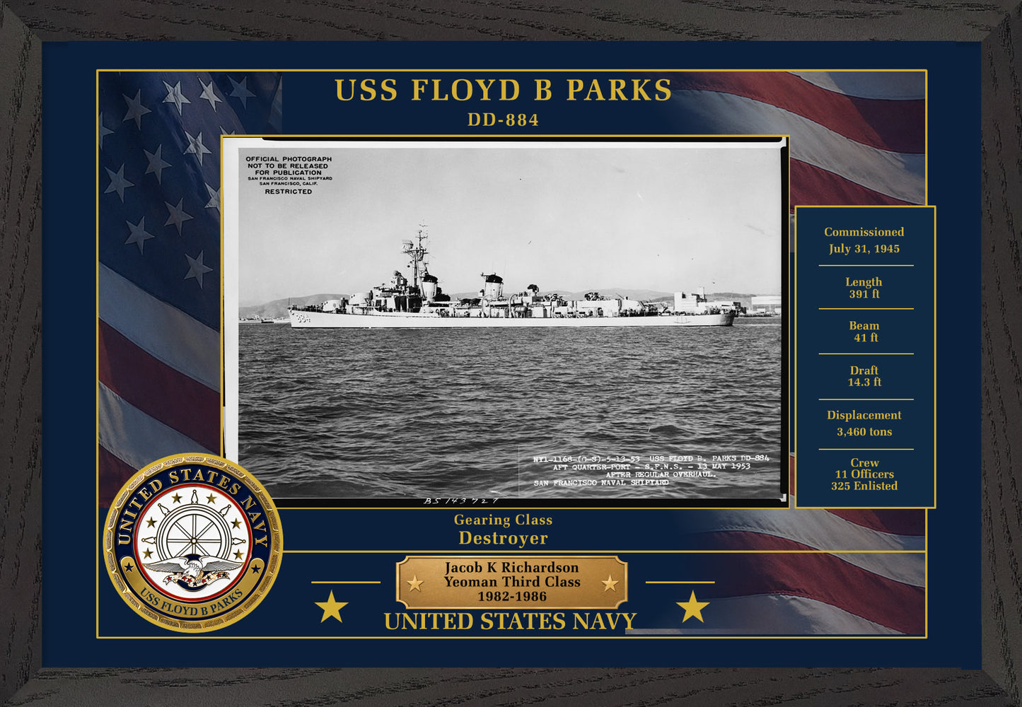 USS Floyd B Parks DD-884 Framed Patriotic Photo