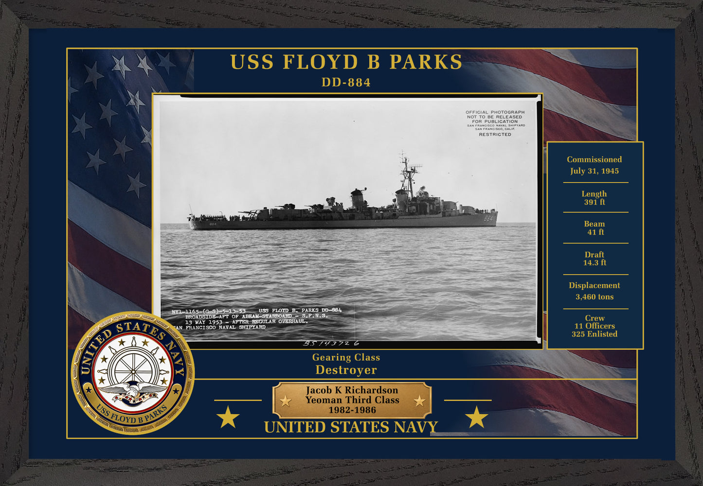 USS Floyd B Parks DD-884 Framed Patriotic Photo