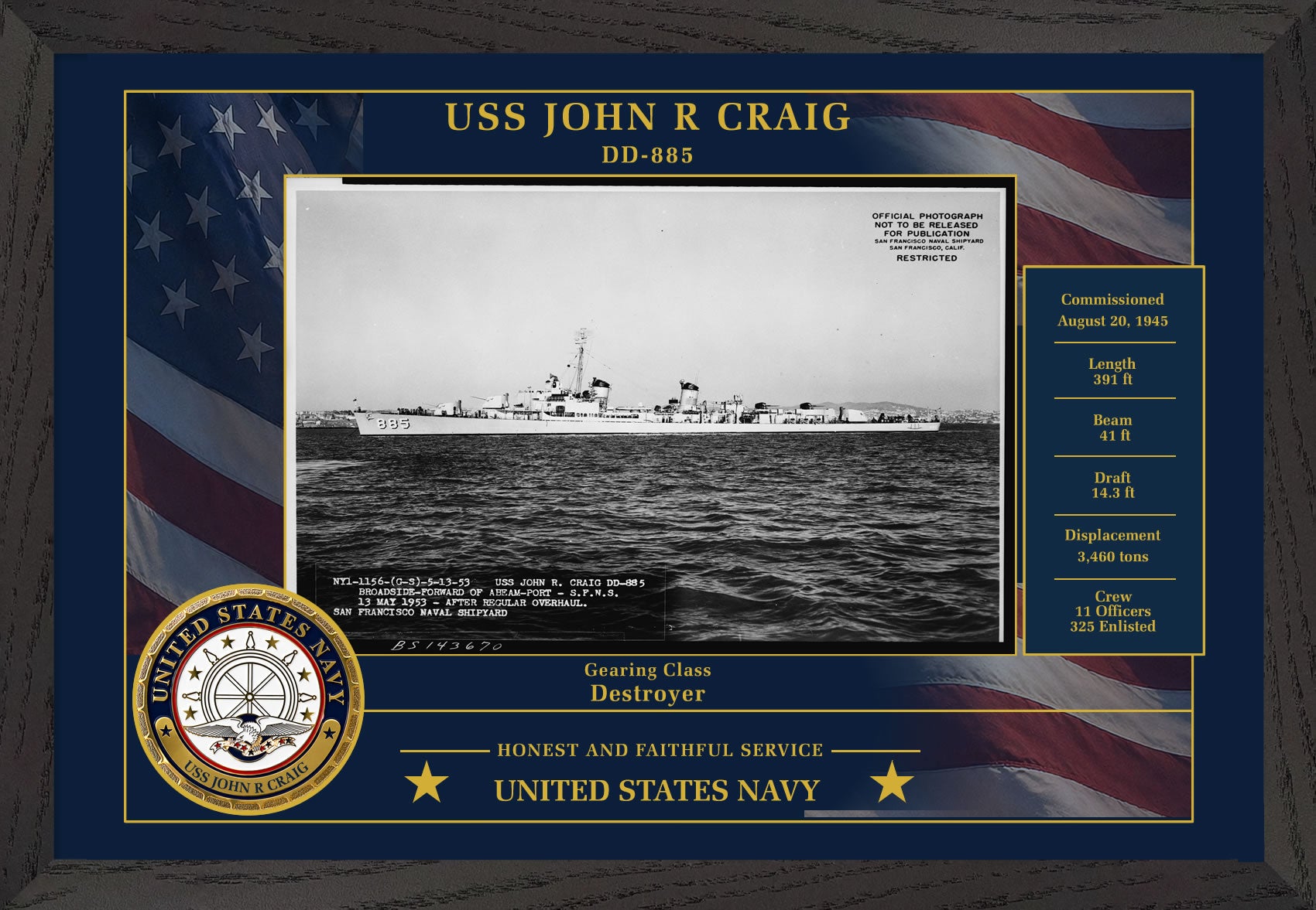 USS John R Craig DD-885 Framed Patriotic Photo