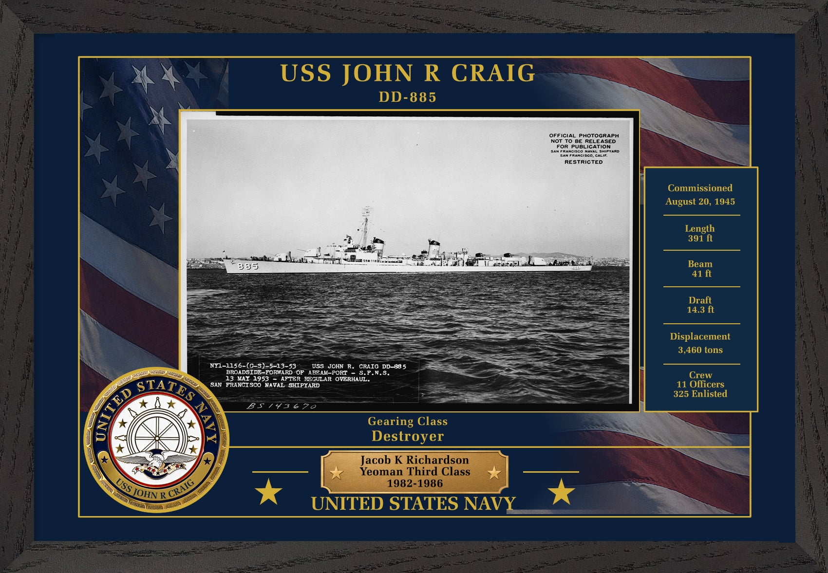 USS John R Craig DD-885 Framed Patriotic Photo