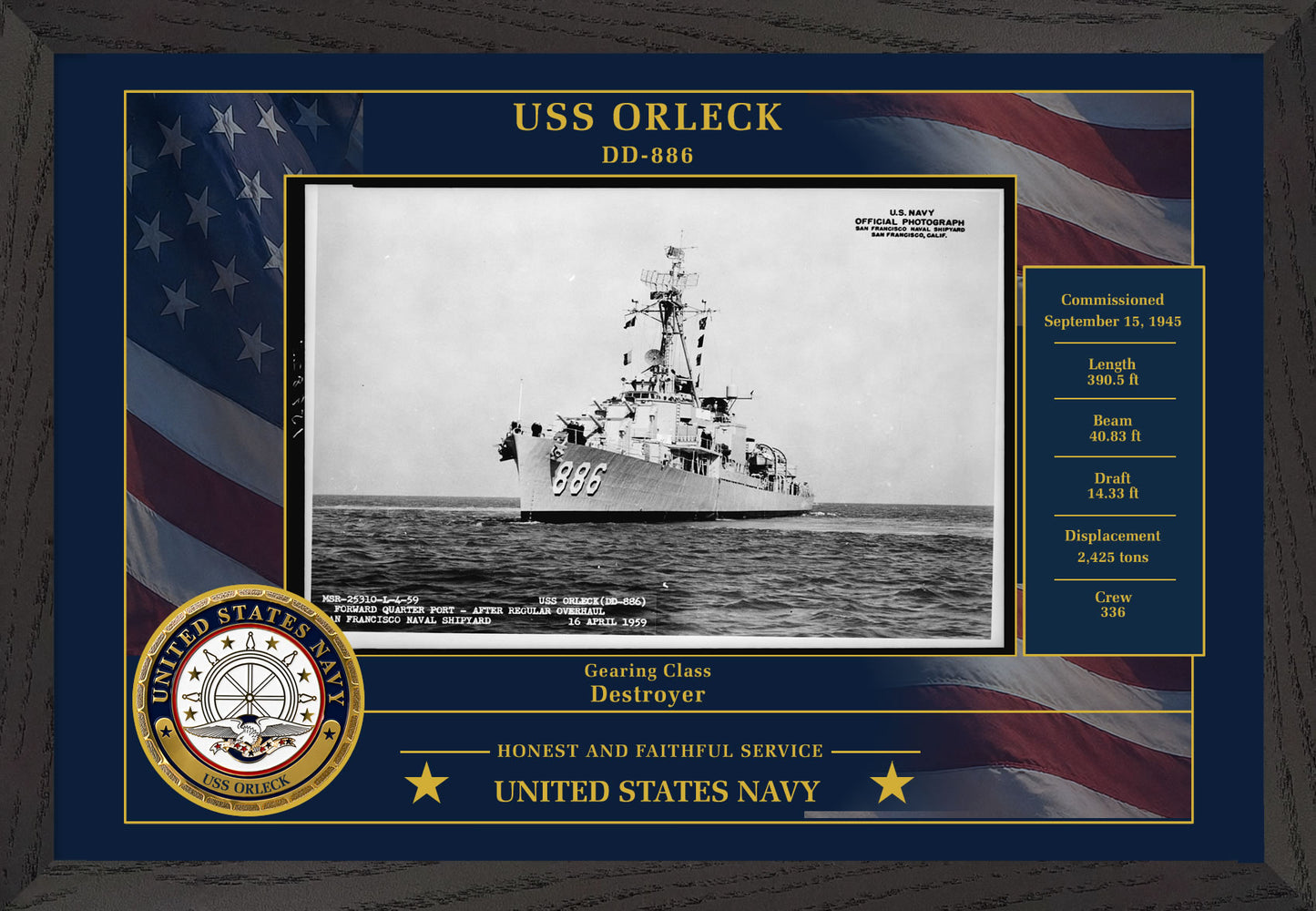 USS Orleck DD-886 Framed Patriotic Photo