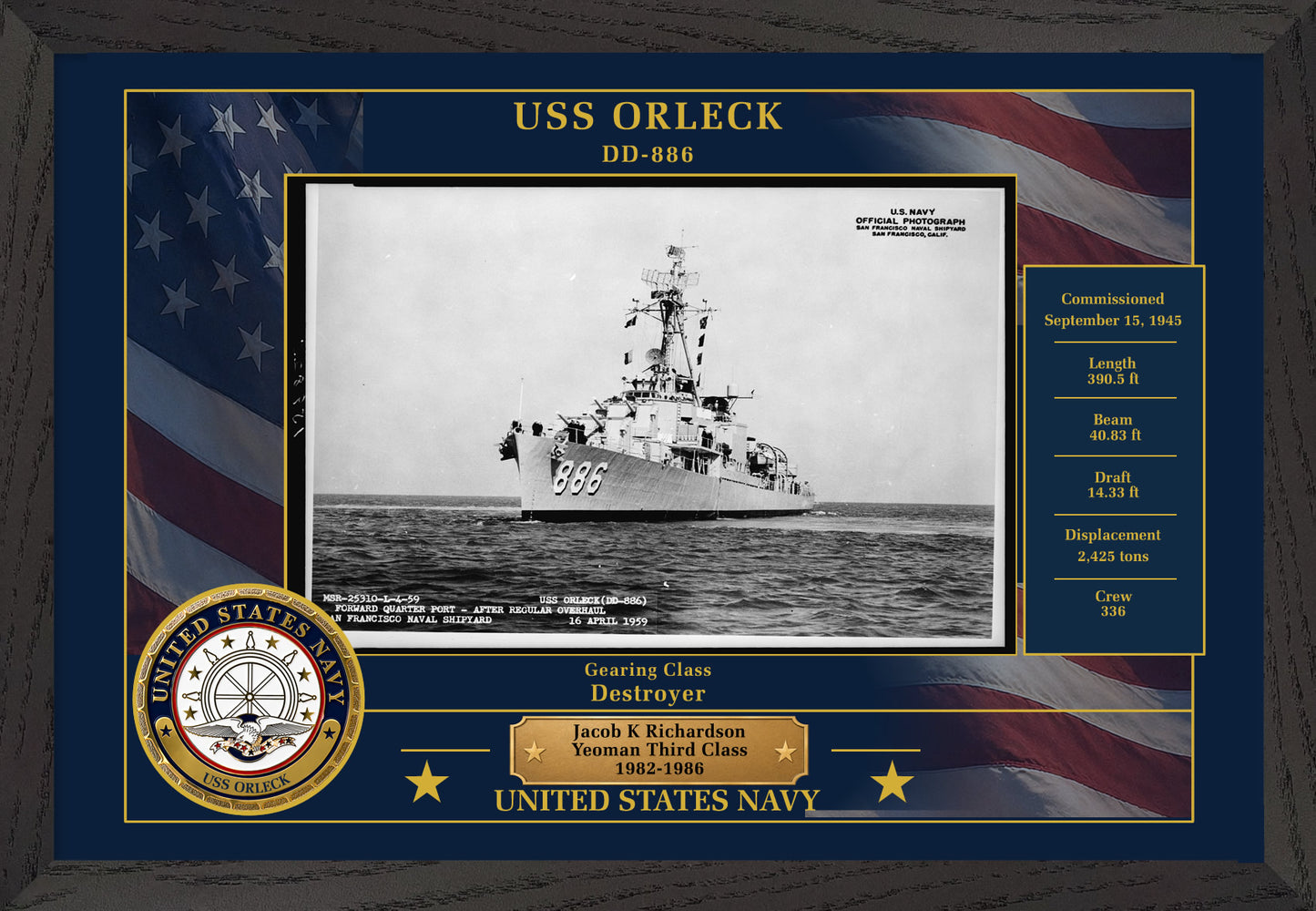 USS Orleck DD-886 Framed Patriotic Photo