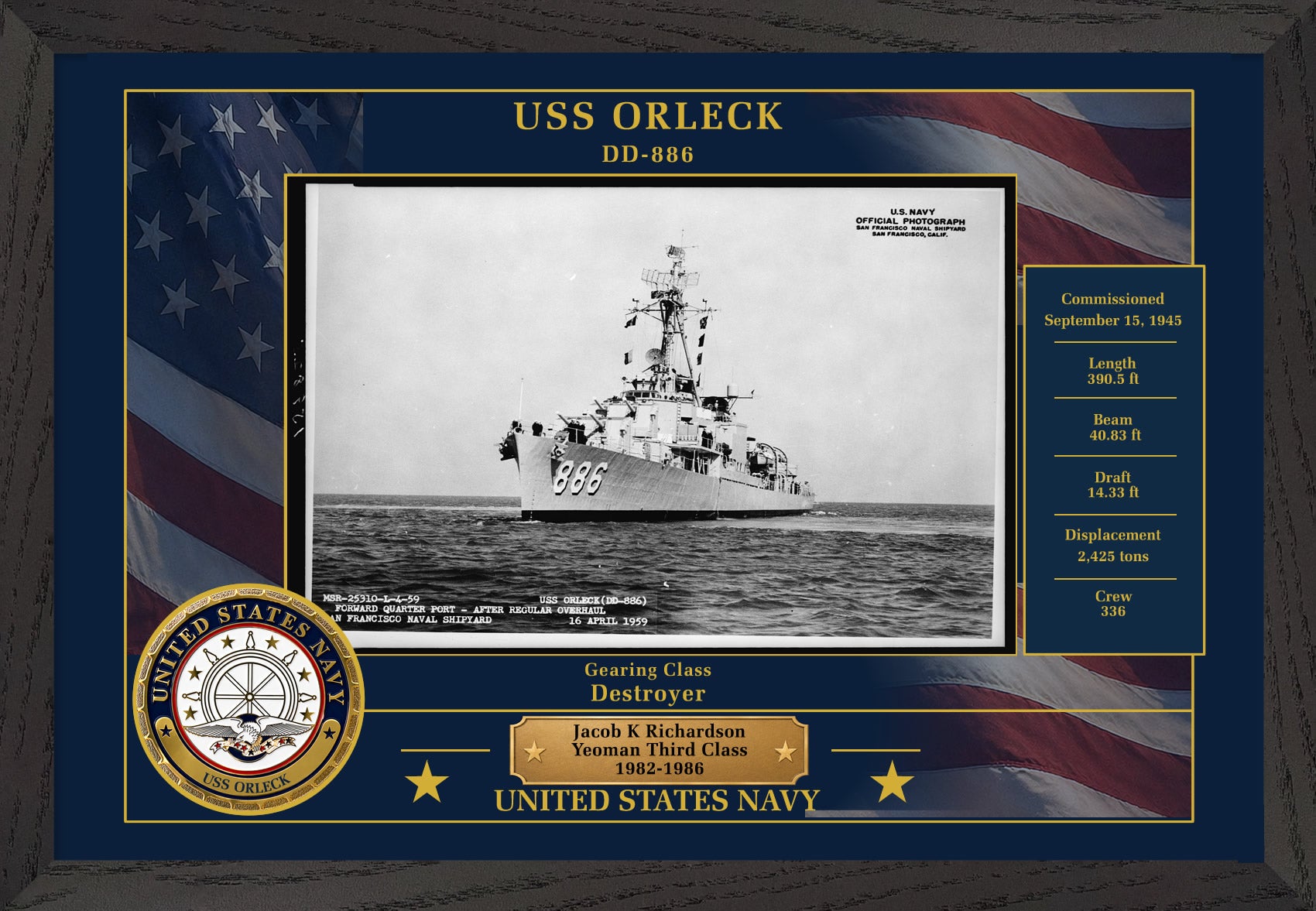 USS Orleck DD-886 Framed Patriotic Photo