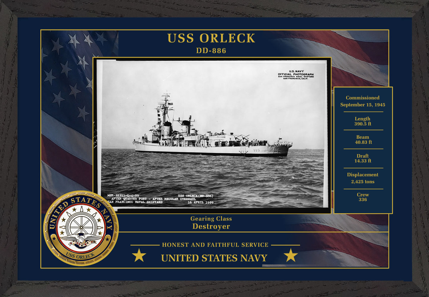 USS Orleck DD-886 Framed Patriotic Photo
