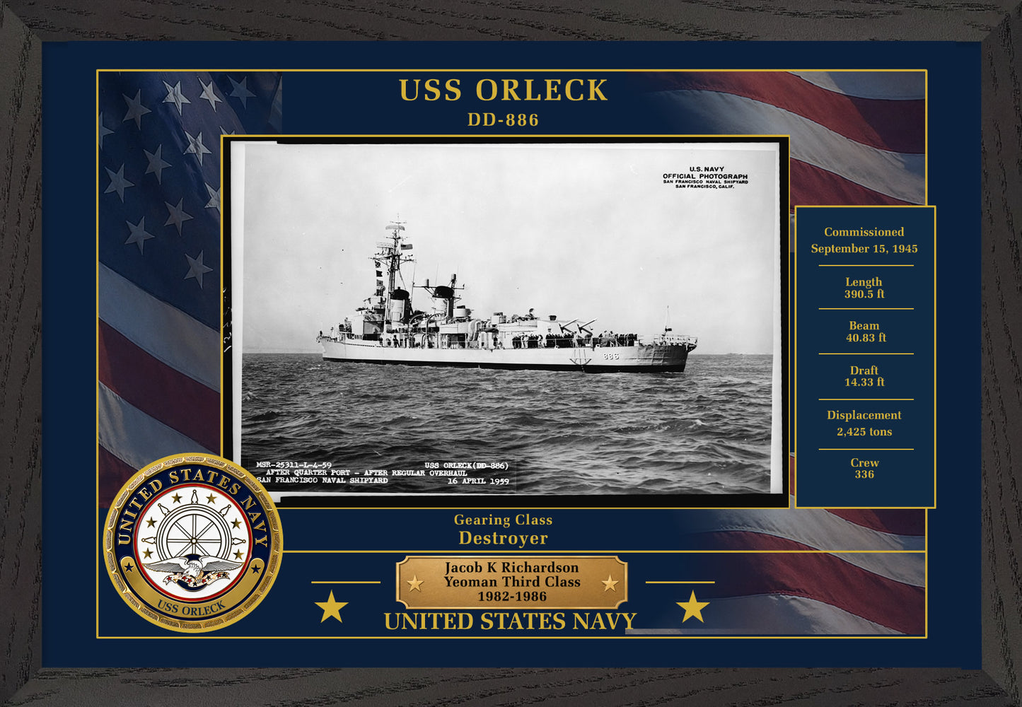 USS Orleck DD-886 Framed Patriotic Photo