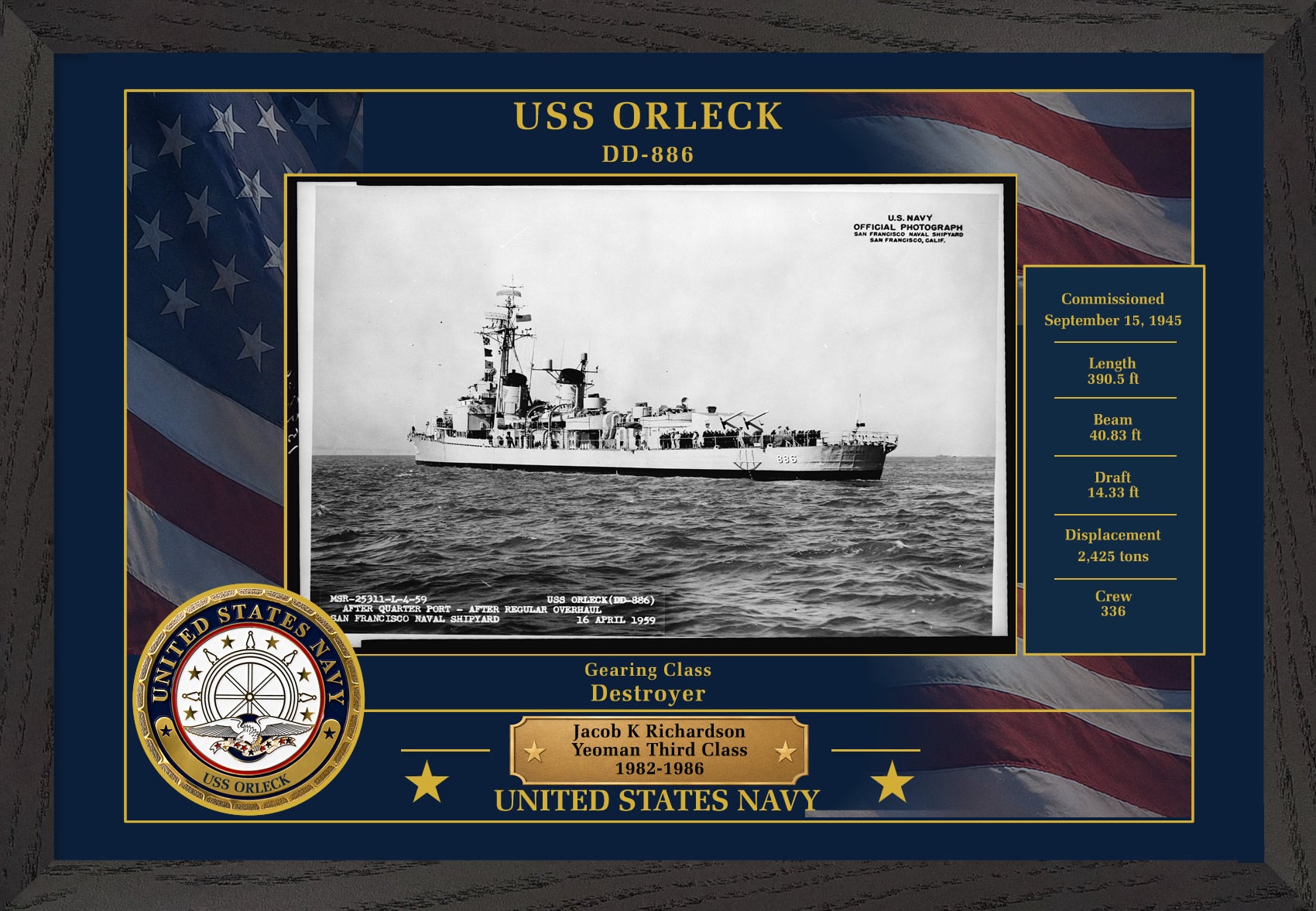 USS Orleck DD-886 Framed Patriotic Photo