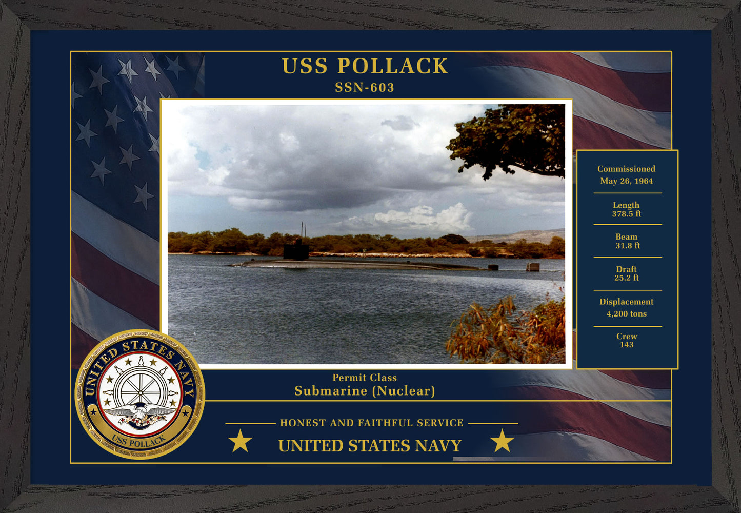 USS Pollack SSN-603 Framed Patriotic Photo