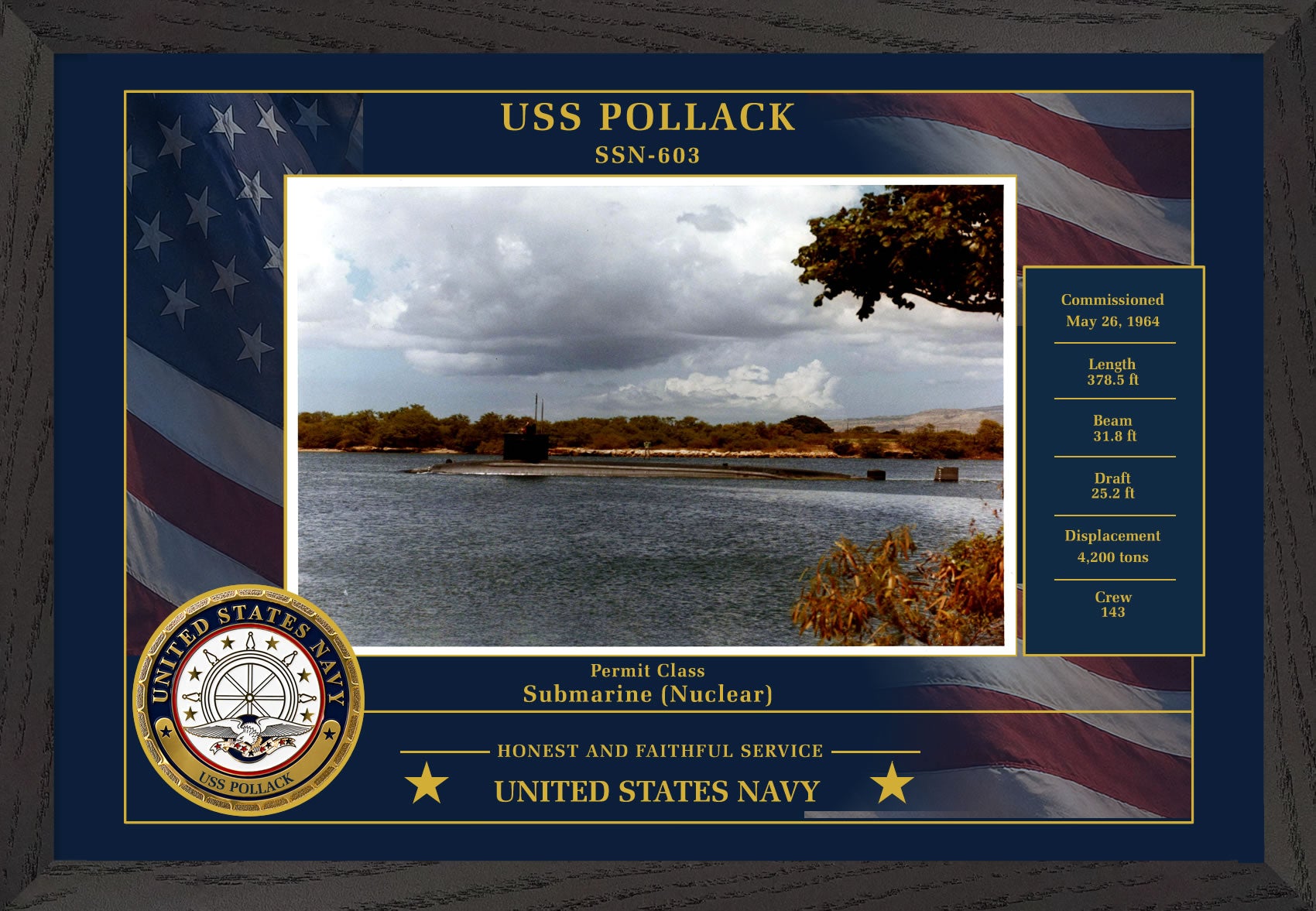 USS Pollack SSN-603 Framed Patriotic Photo