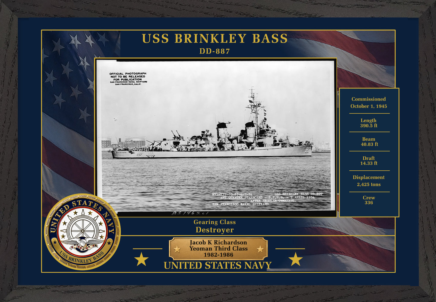 USS Brinkley Bass DD-887 Framed Patriotic Photo
