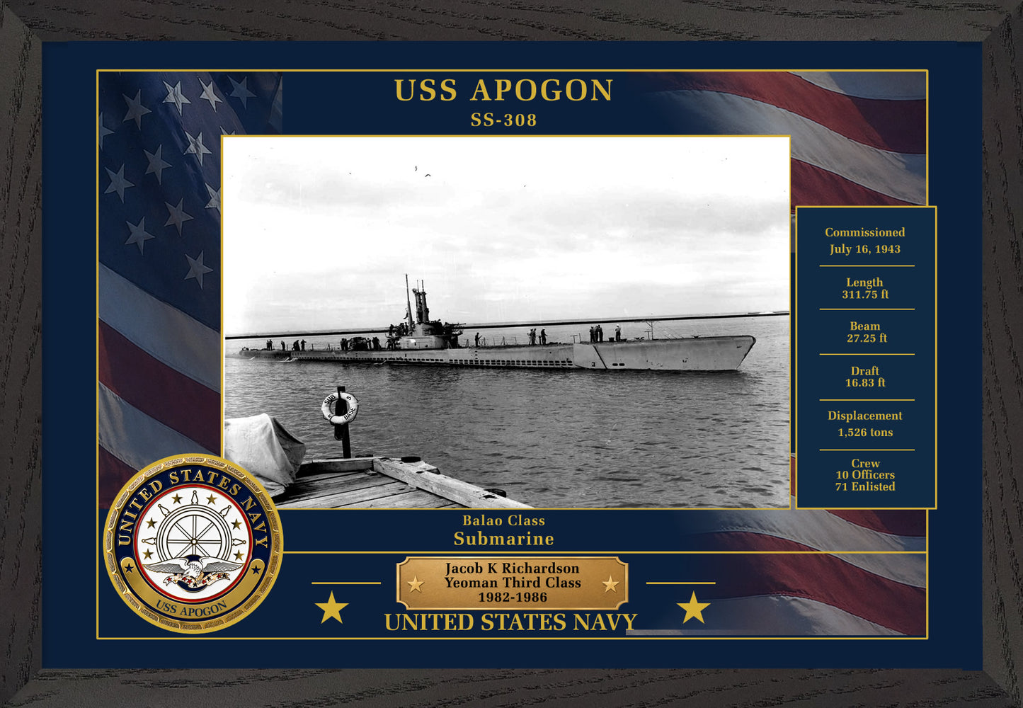 USS Apogon SS-308 Framed Patriotic Photo
