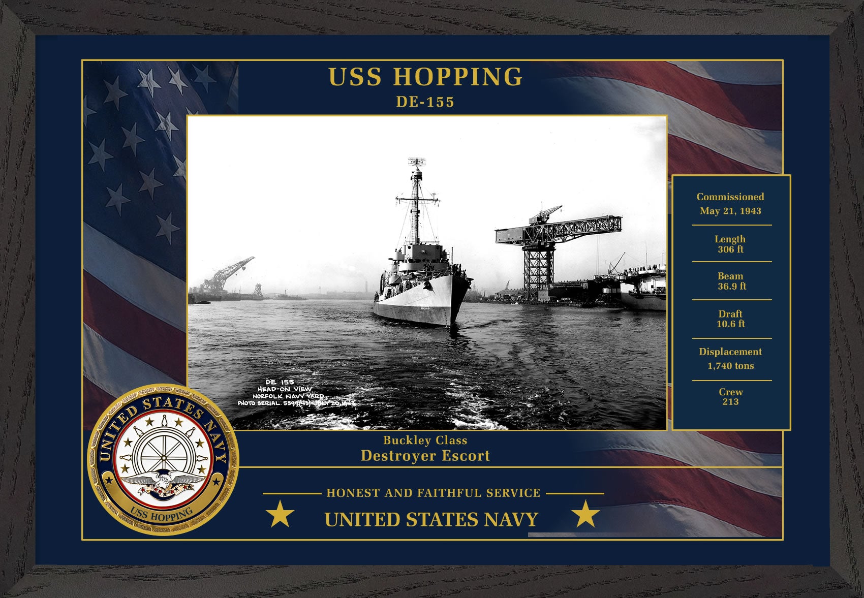 USS Hopping DE-155 Framed Patriotic Photo