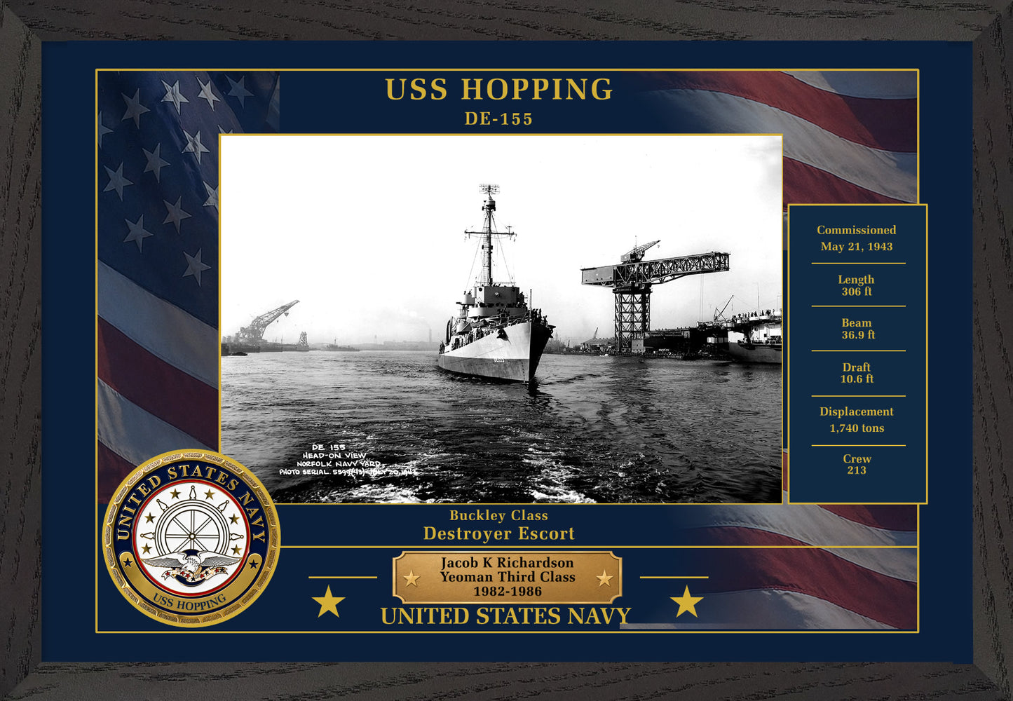 USS Hopping DE-155 Framed Patriotic Photo