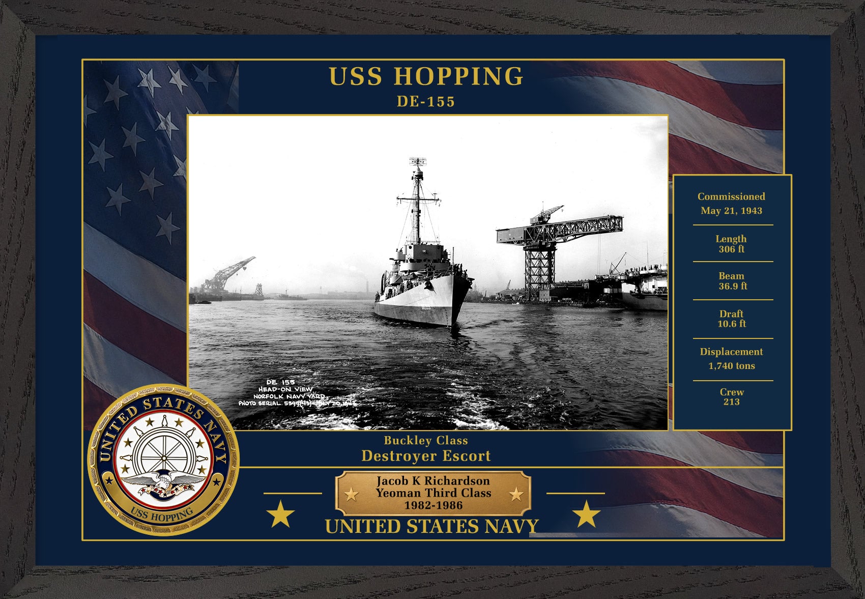 USS Hopping DE-155 Framed Patriotic Photo