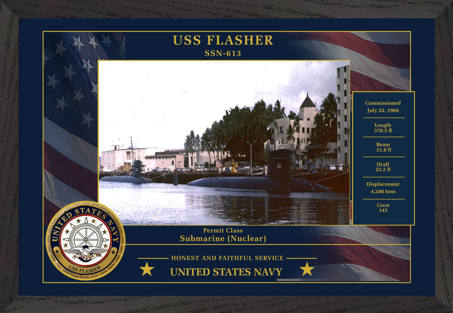 USS Flasher SSN-613 Framed Patriotic Photo