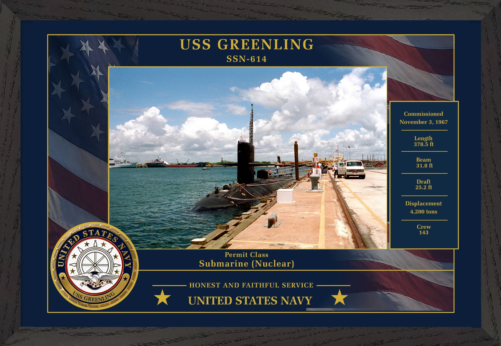 USS Greenling SSN-614 Framed Patriotic Photo