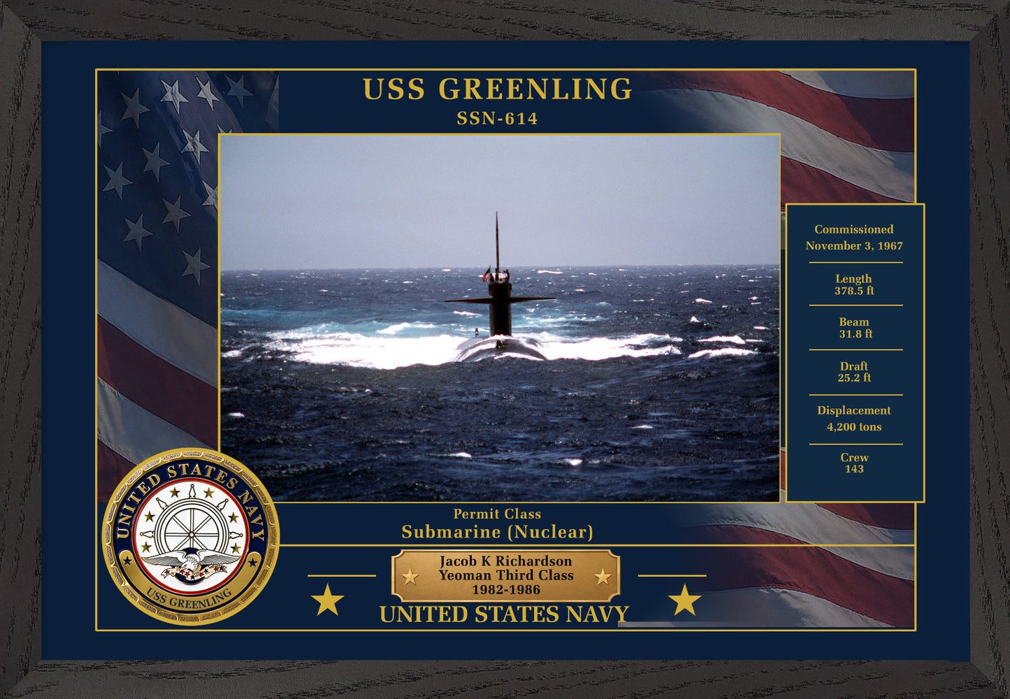 USS Greenling SSN-614 Framed Patriotic Photo