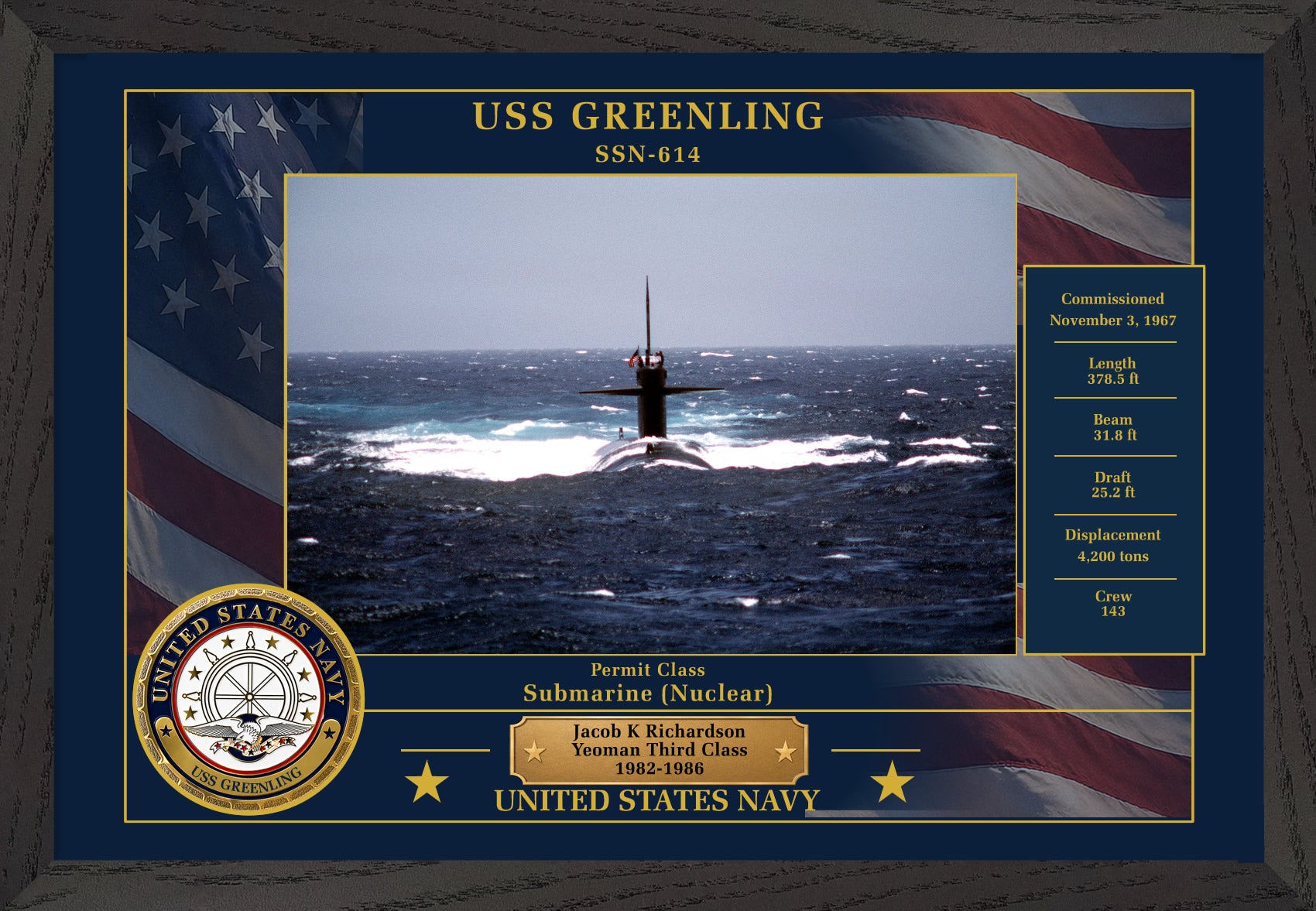 USS Greenling SSN-614 Framed Patriotic Photo
