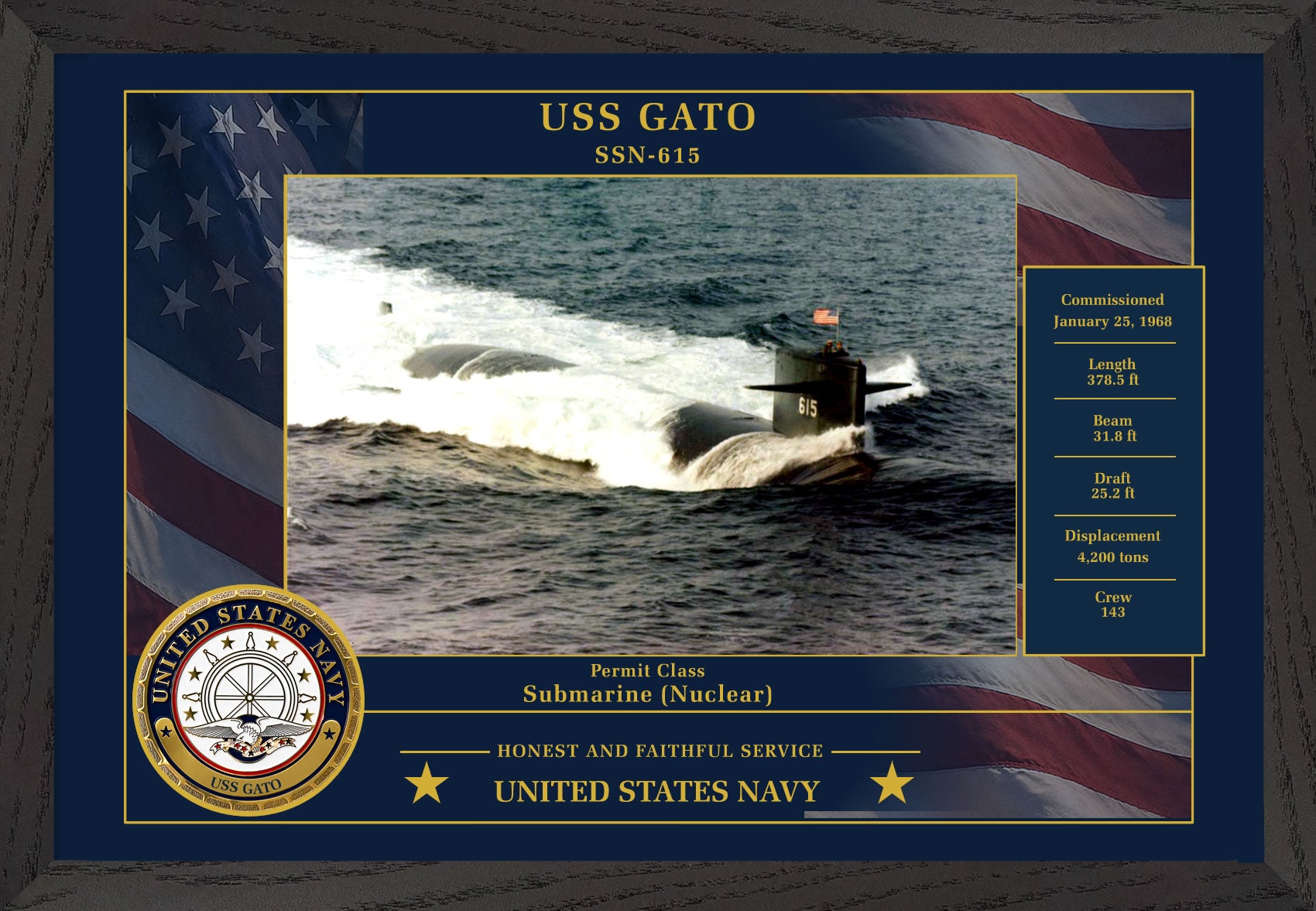 USS Gato SSN-615 Framed Patriotic Photo
