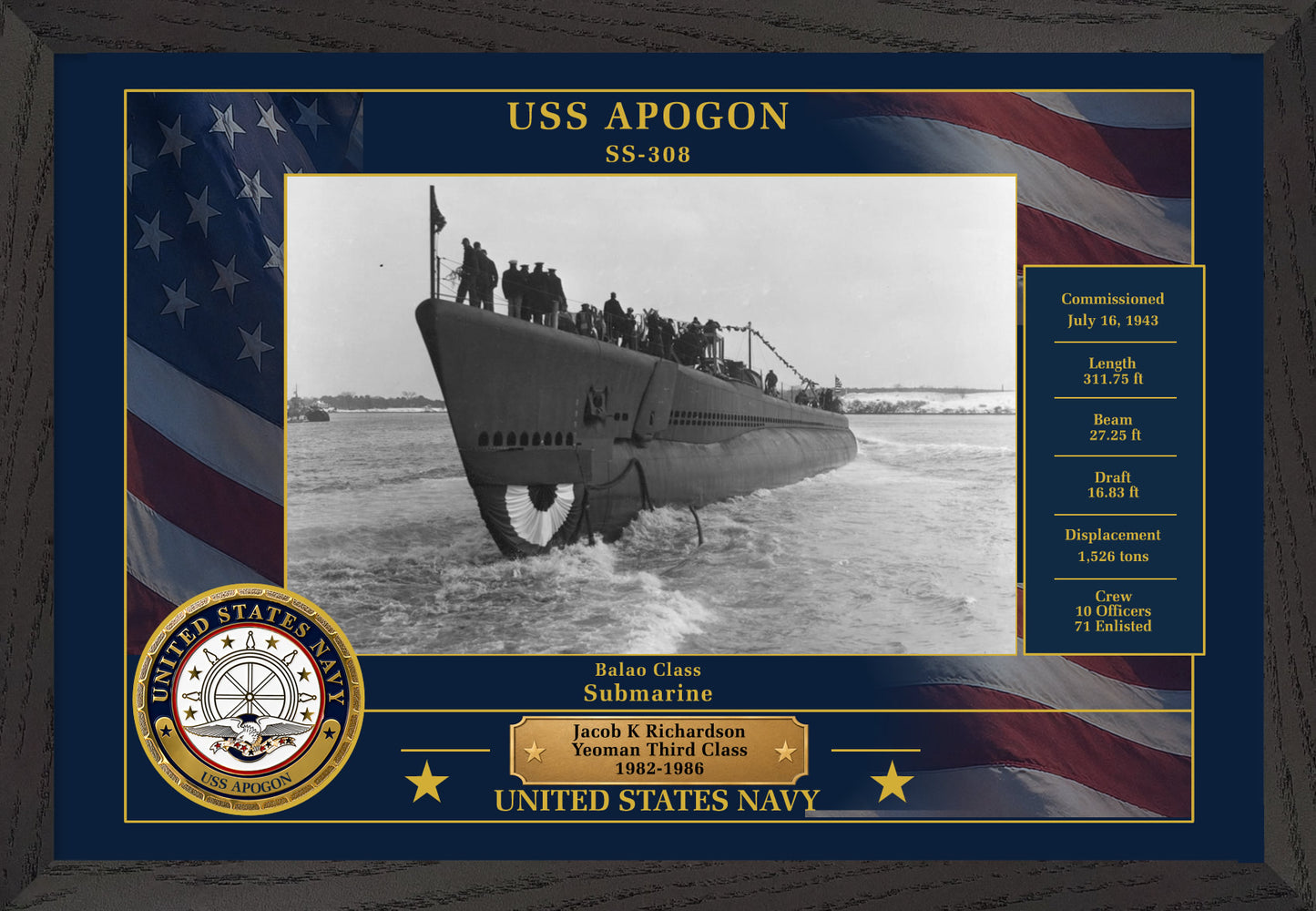 USS Apogon SS-308 Framed Patriotic Photo