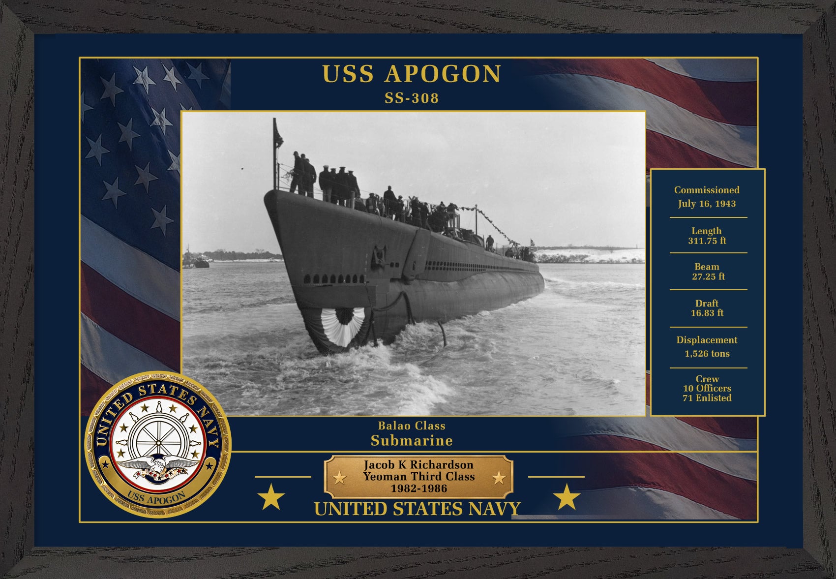 USS Apogon SS-308 Framed Patriotic Photo