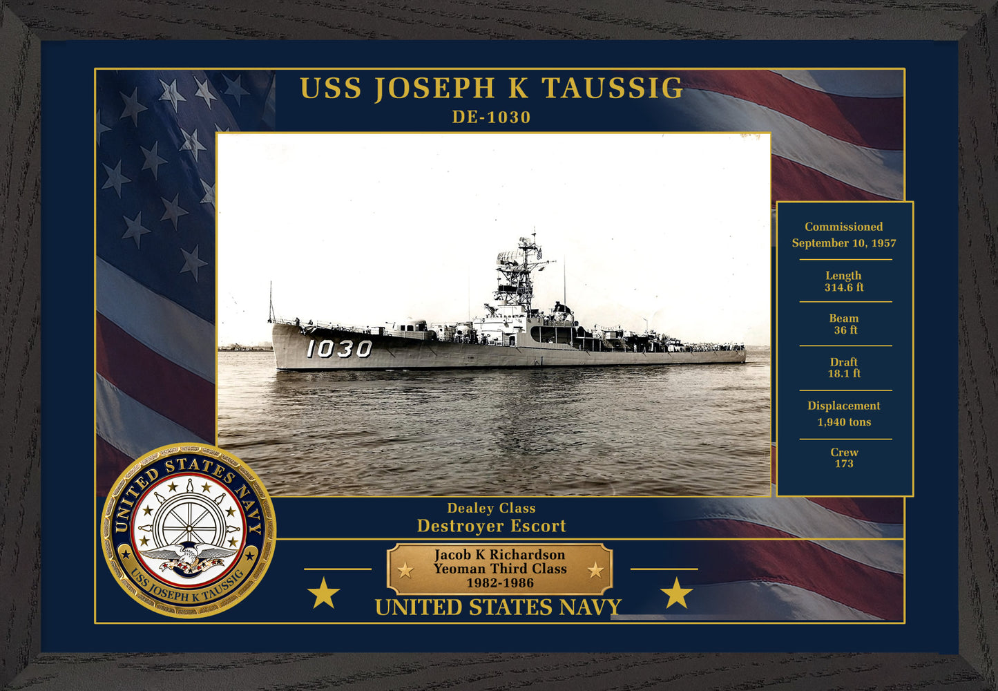 USS Joseph K Taussig DE-1030 Framed Patriotic Photo