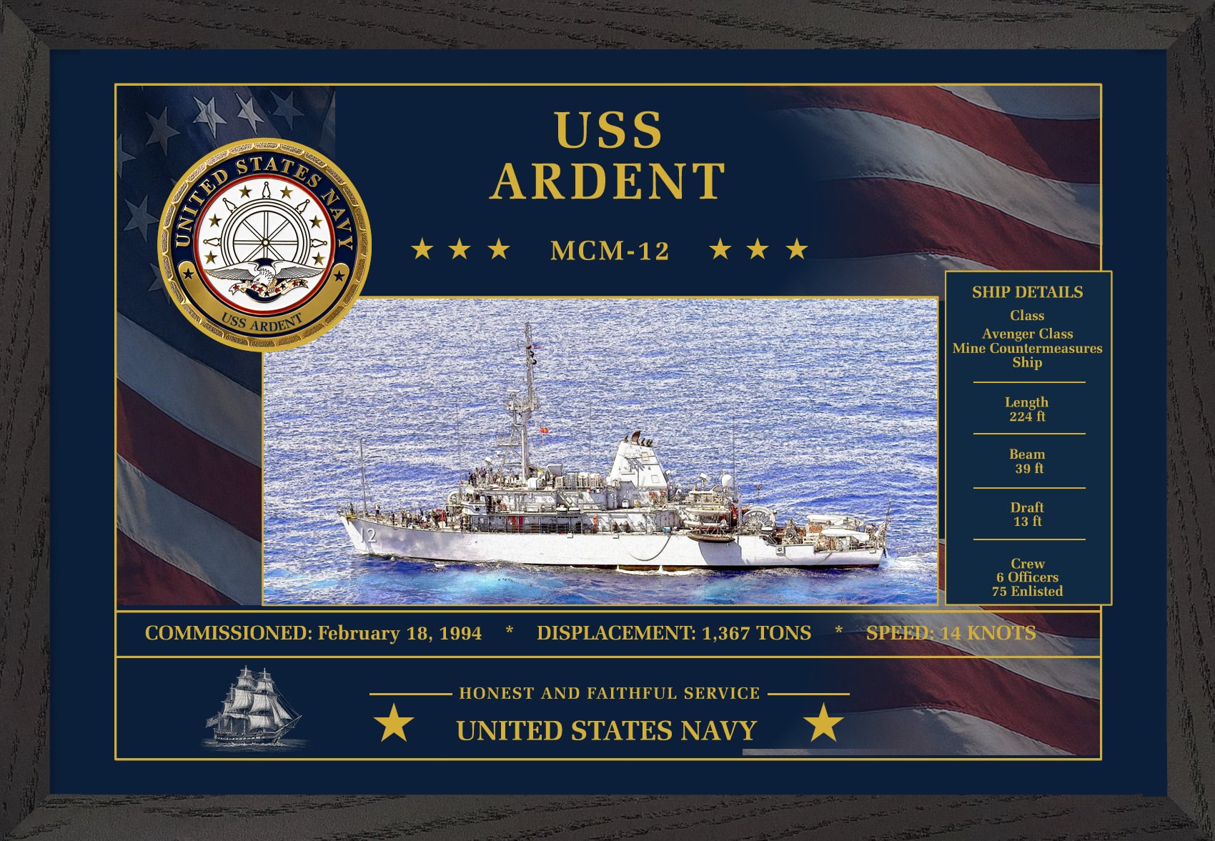 USS Ardent MCM-12 Framed Patriotic Art