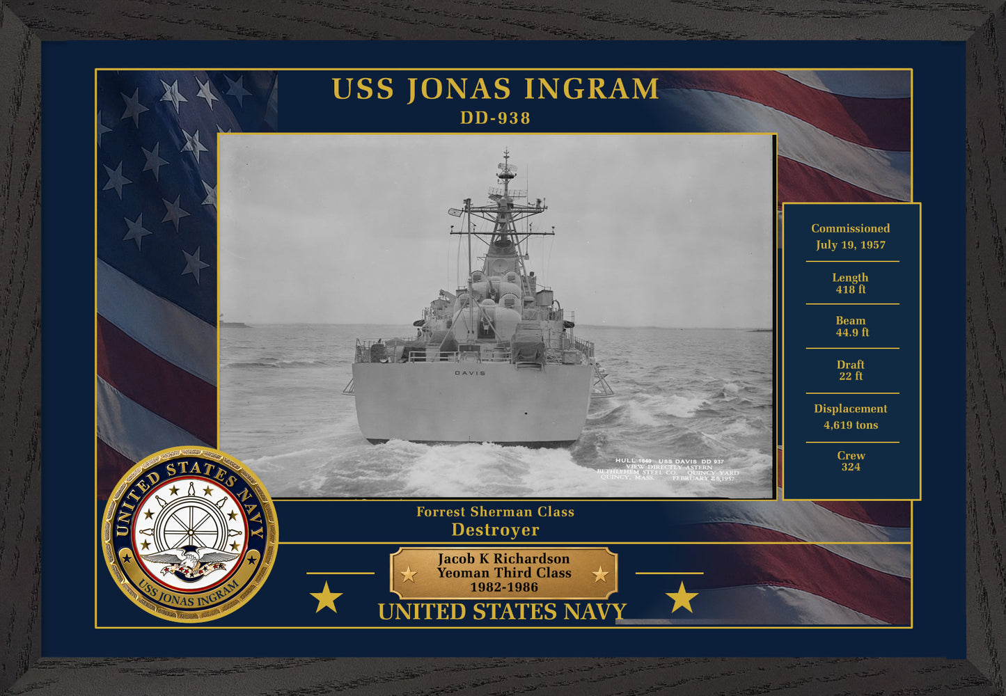USS Jonas Ingram DD-938 Framed Patriotic Photo