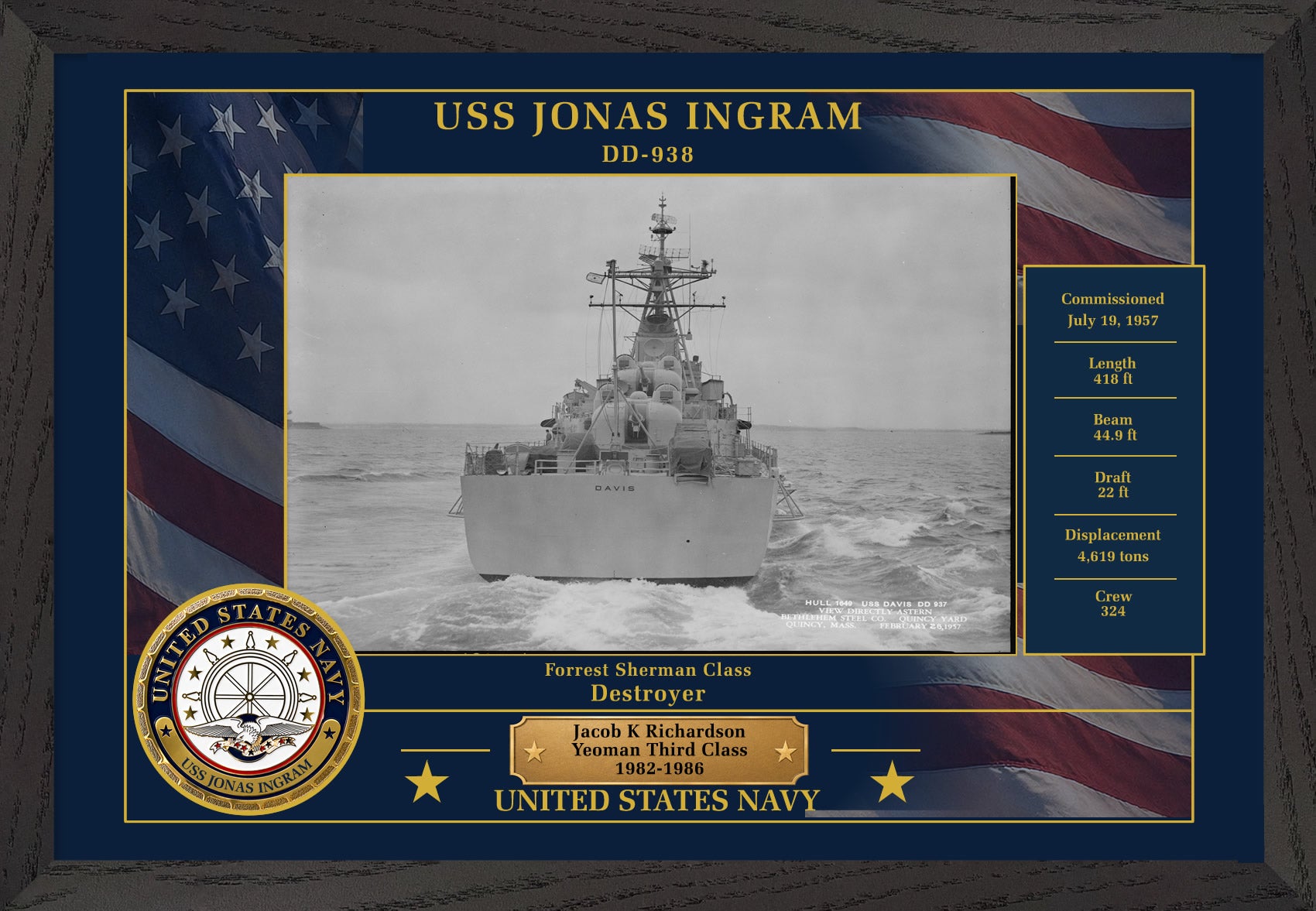 USS Jonas Ingram DD-938 Framed Patriotic Photo
